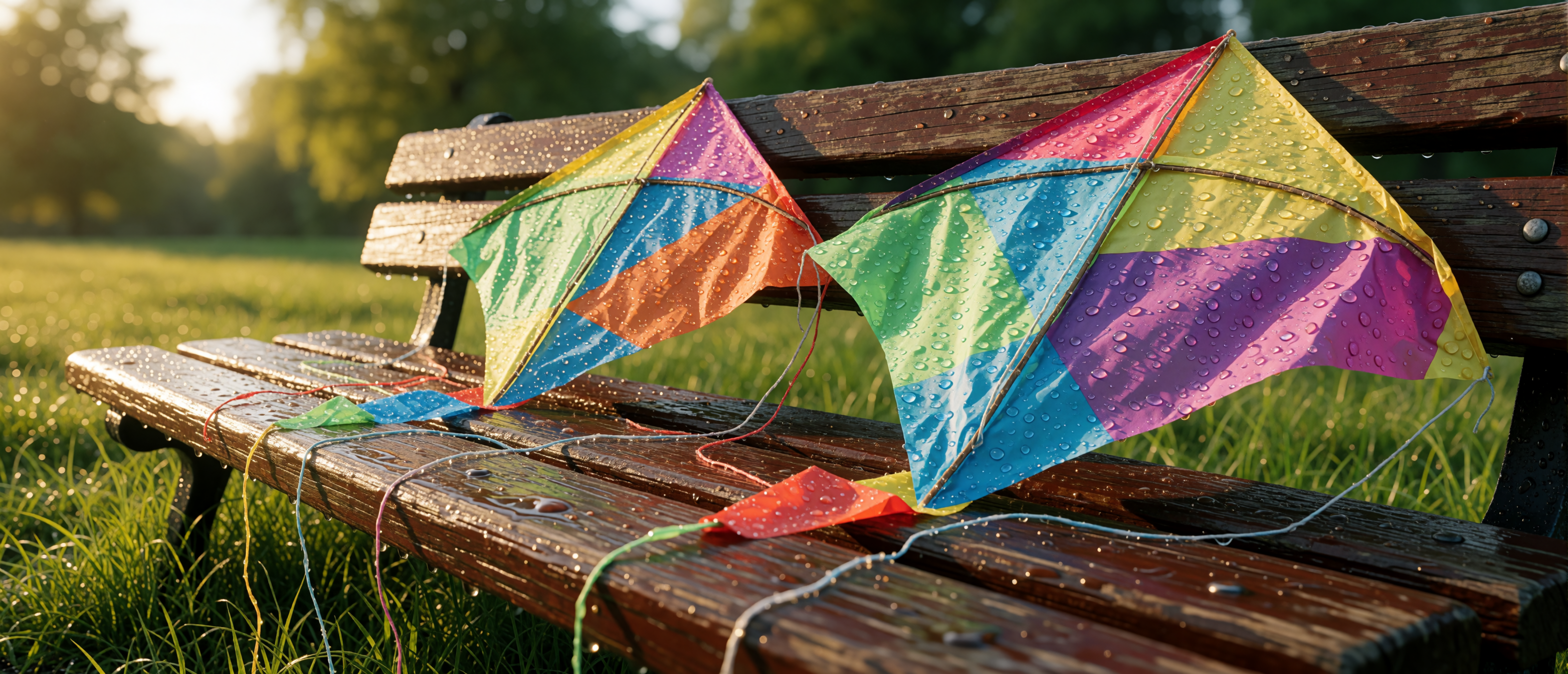 drops-and-light-colorful-kites-wet-bench-after-rain-ultrawide
