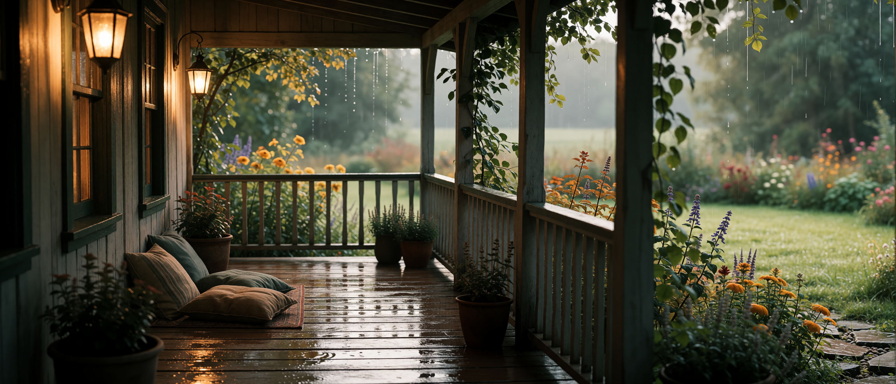 drops-and-light-cozy-cottage-porch-wet-lanterns-ultrawide