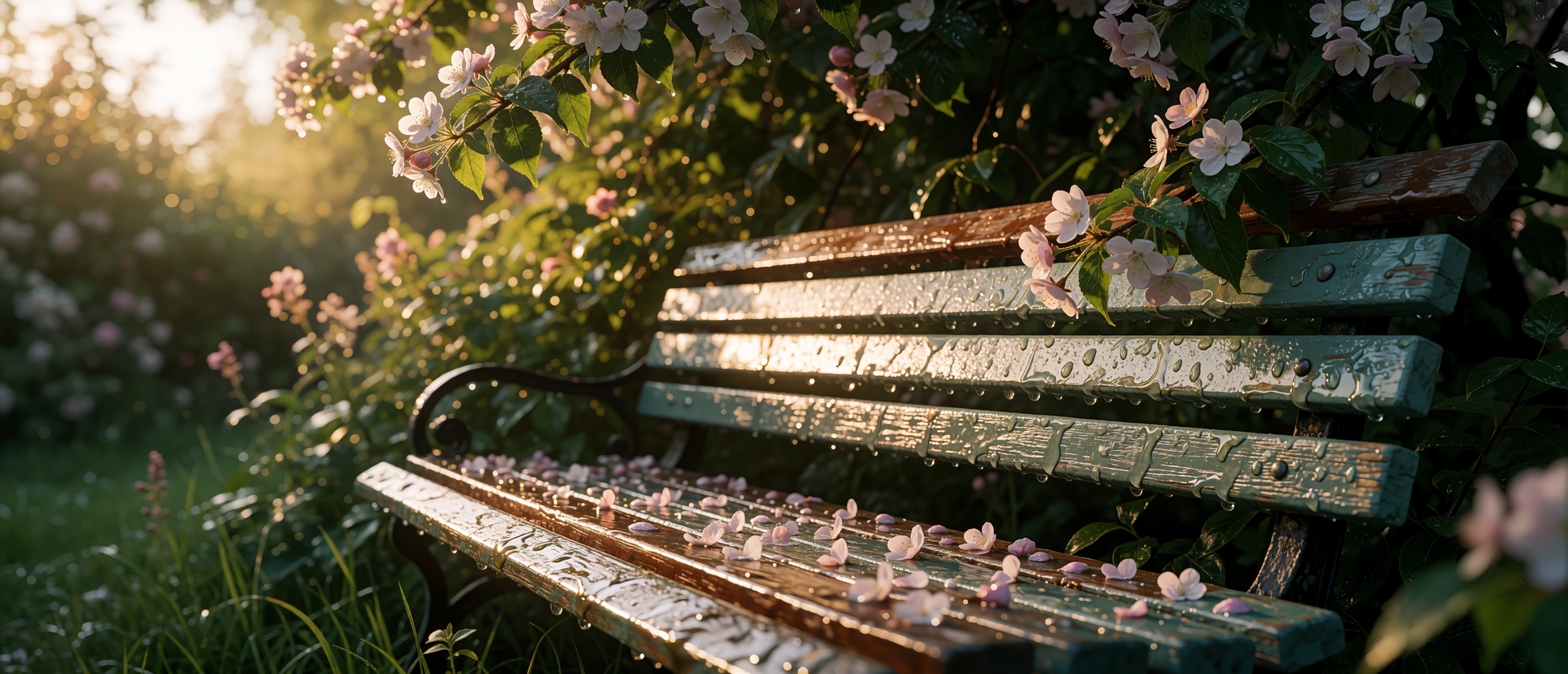drops-and-light-garden-bench-flowering-branches-after-rain-ultrawide