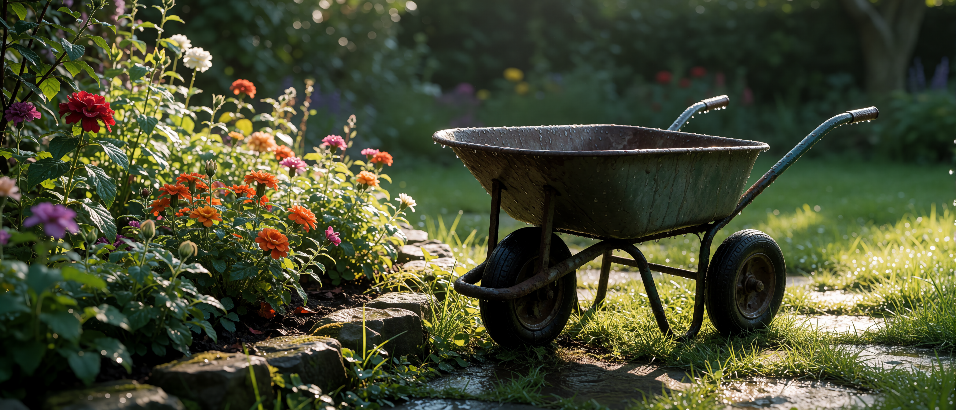 drops-and-light-garden-wheelbarrow-wet-flower-bed-ultrawide
