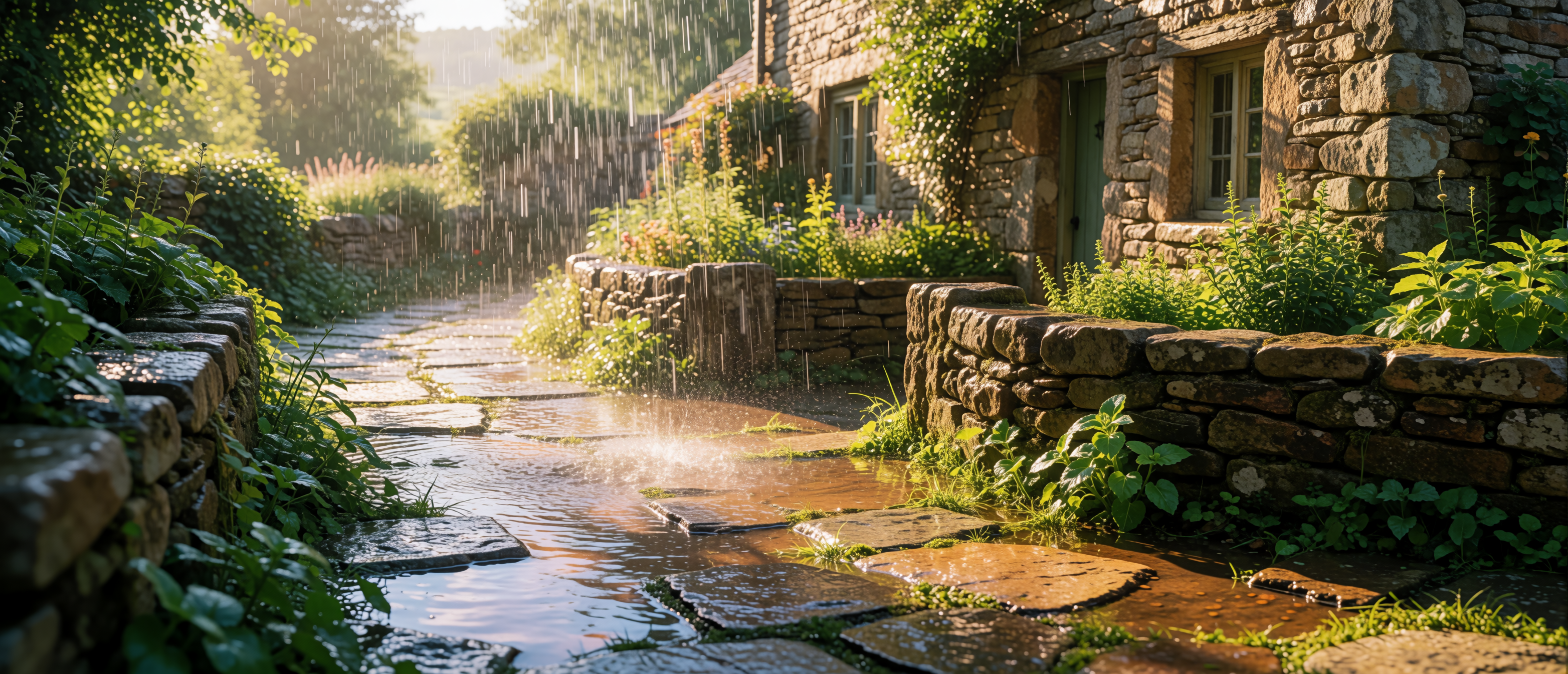 drops-and-light-golden-sunshower-stone-cottage-path-ultrawide