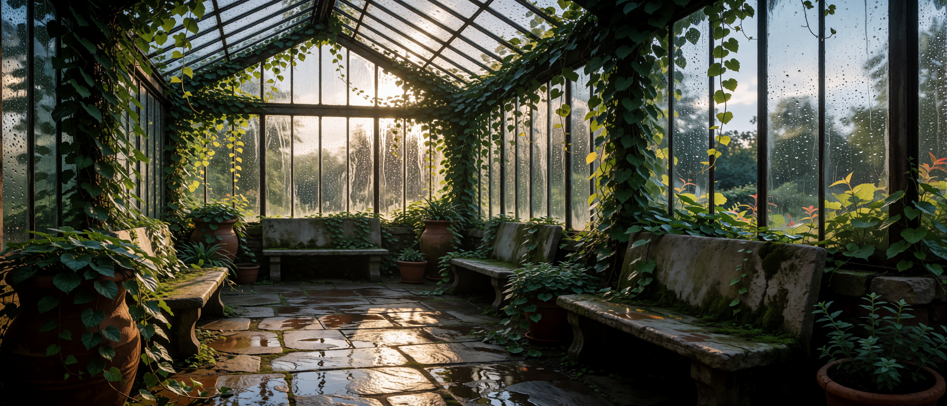drops-and-light-greenhouse-courtyard-wet-stone-after-rain-ultrawide