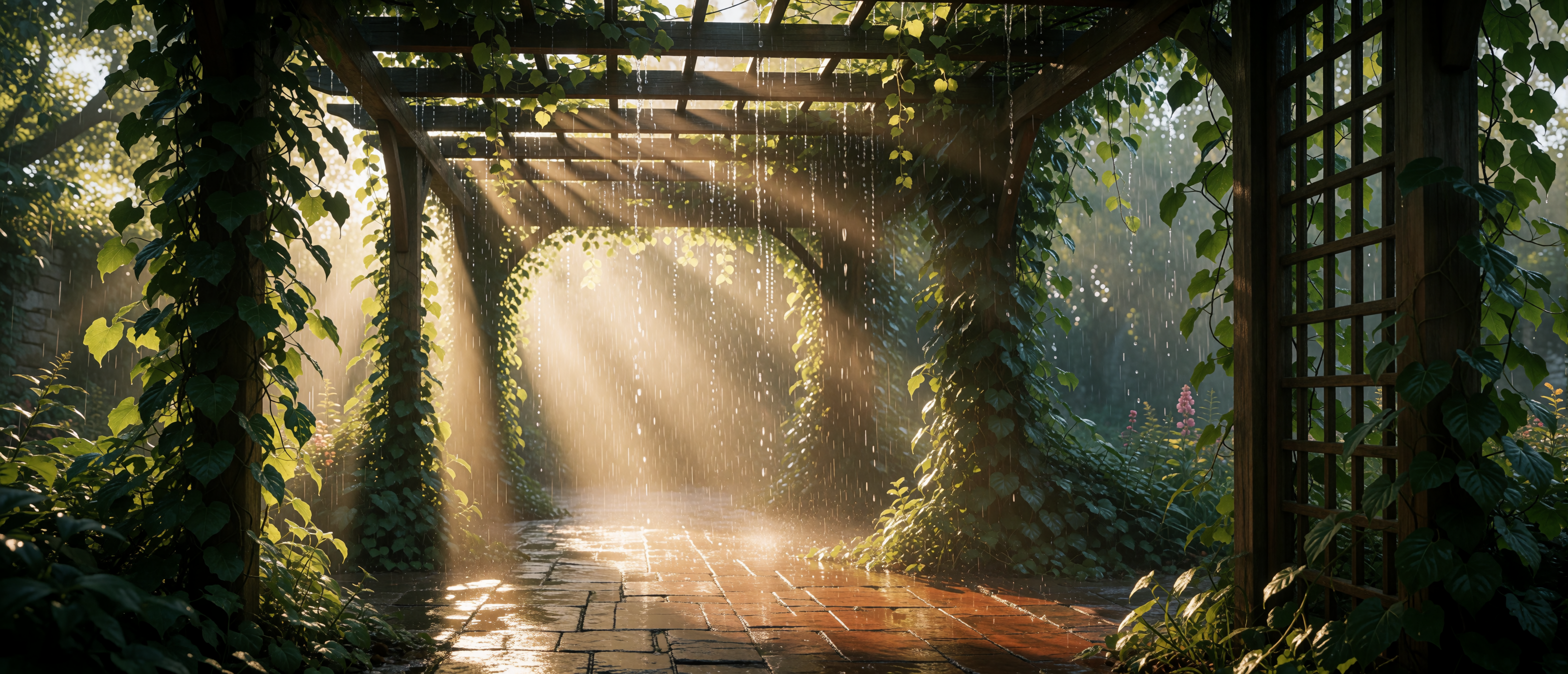 drops-and-light-pergola-bright-summer-shower-ultrawide