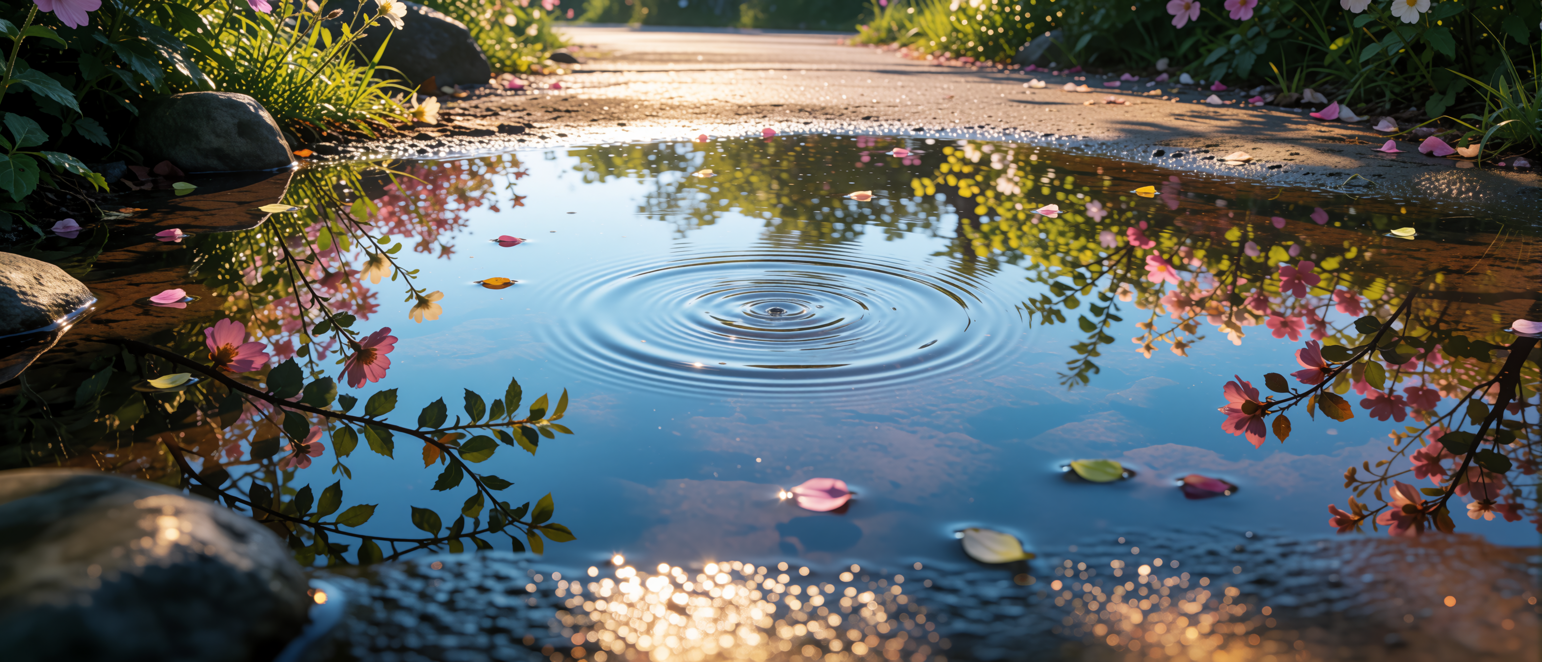 drops-and-light-puddle-reflection-garden-path-after-rain-ultrawide