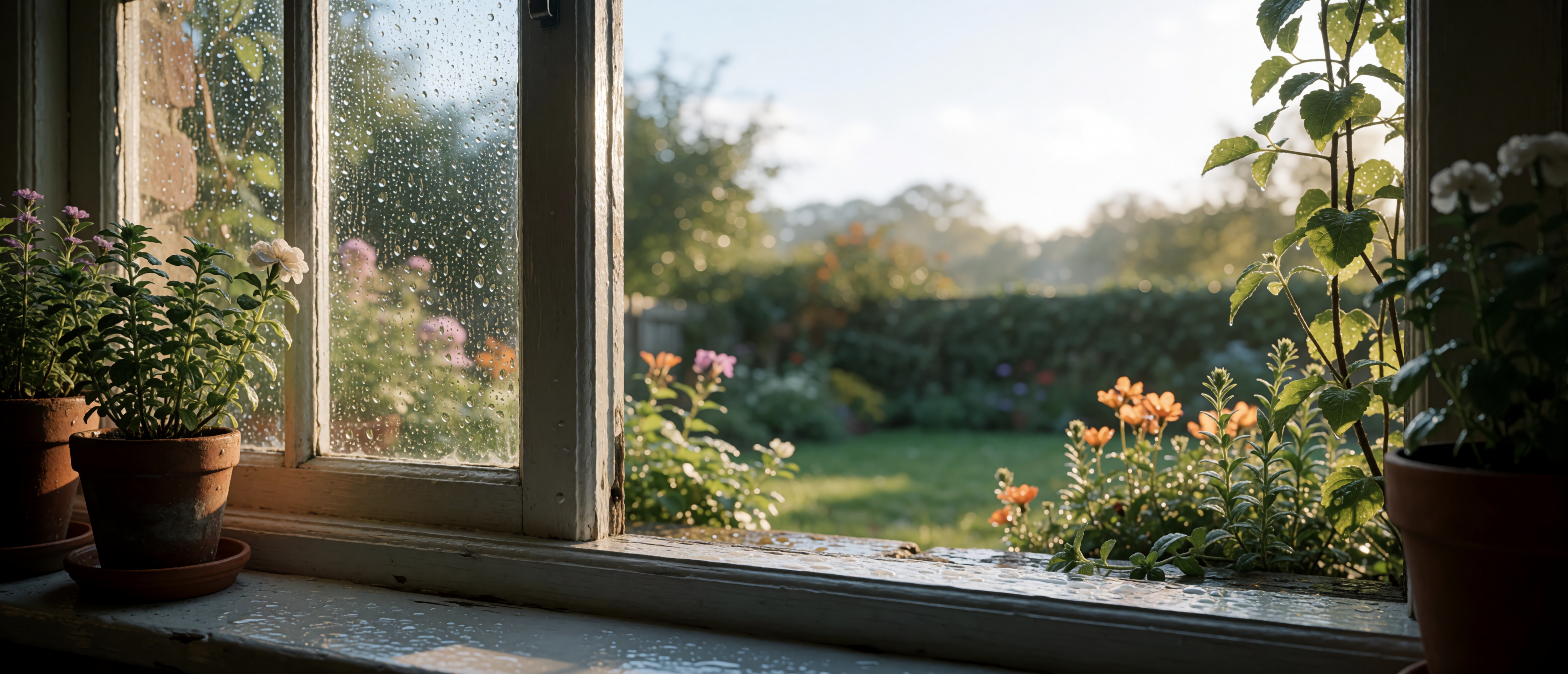 drops-and-light-rainy-window-sill-garden-view-ultrawide