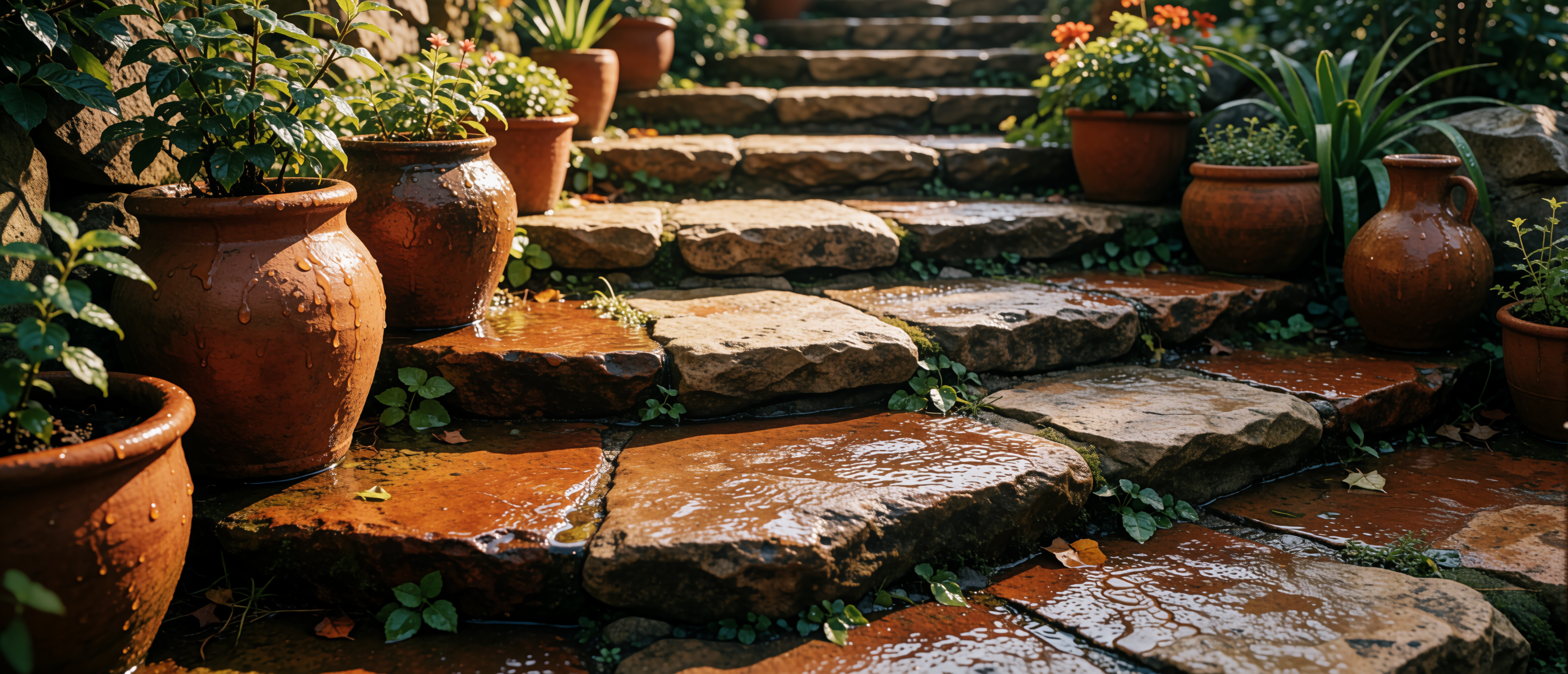 drops-and-light-terracotta-pots-stone-steps-after-rain-ultrawide