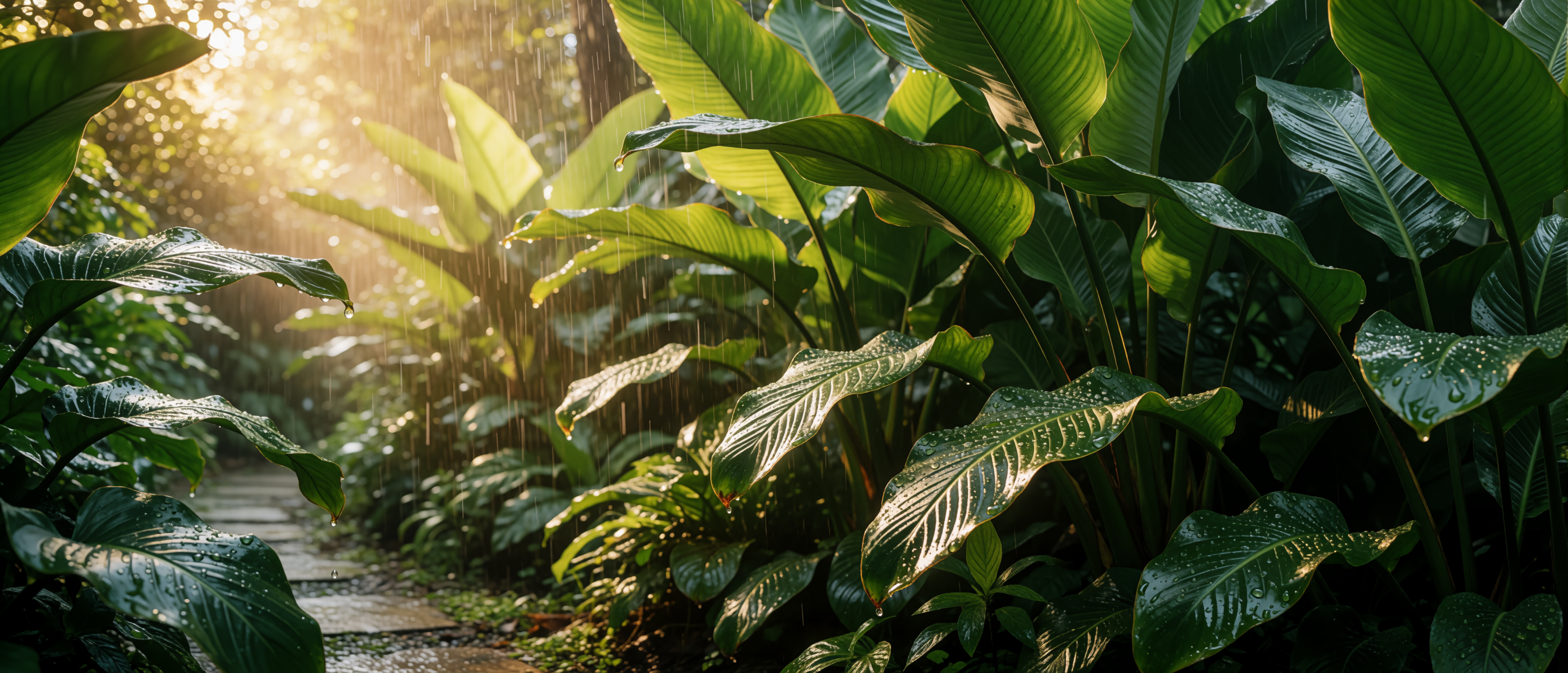 drops-and-light-tropical-leaves-warm-rain-garden-path-ultrawide