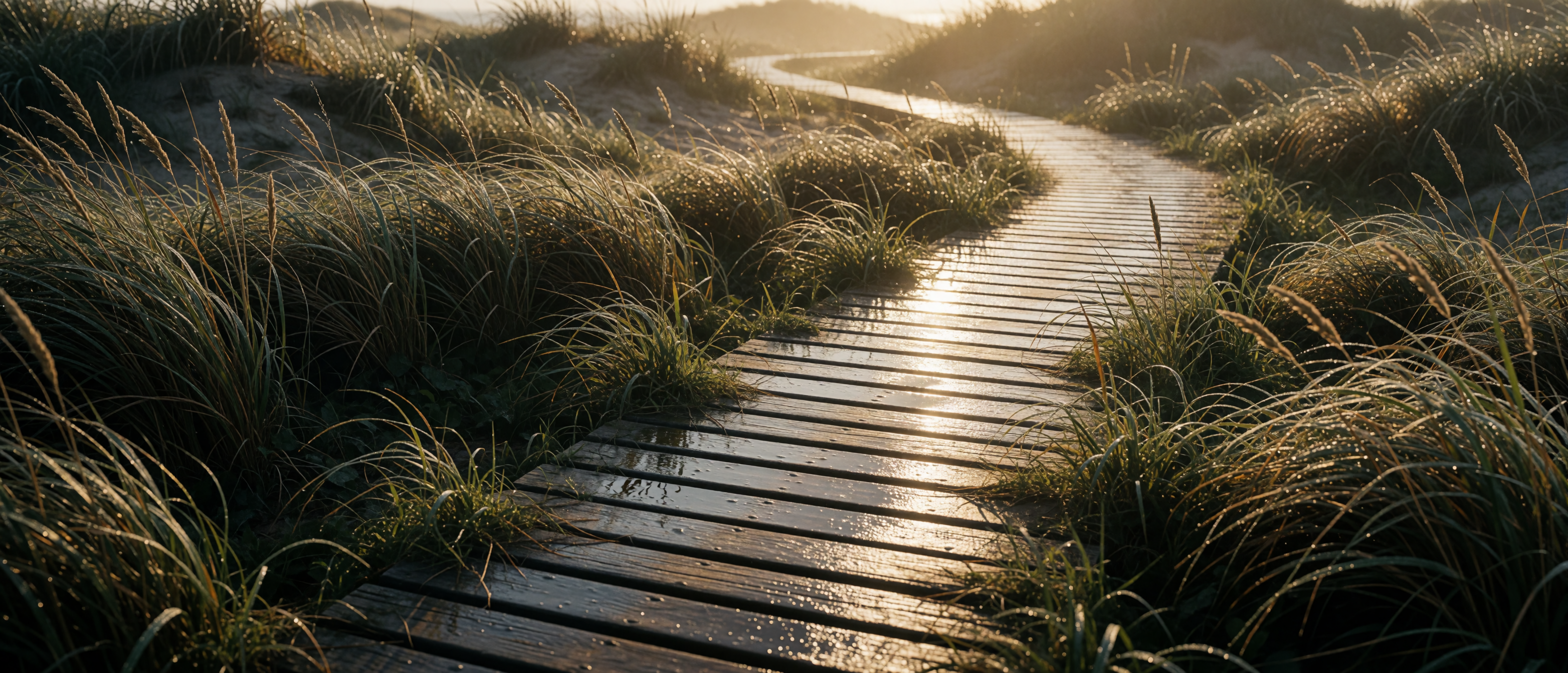 drops-and-light-wet-boardwalk-dunes-after-rain-ultrawide