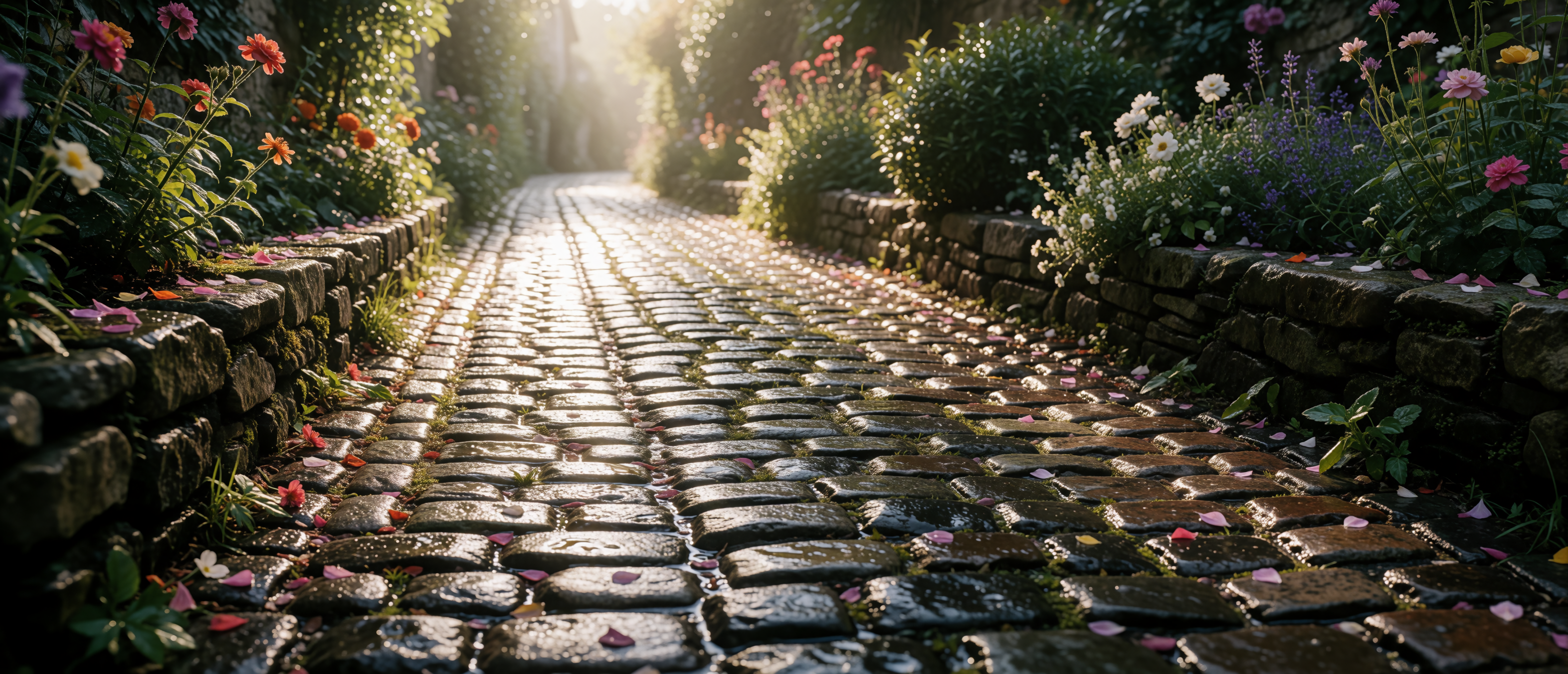 drops-and-light-wet-cobblestone-garden-lane-petals-ultrawide