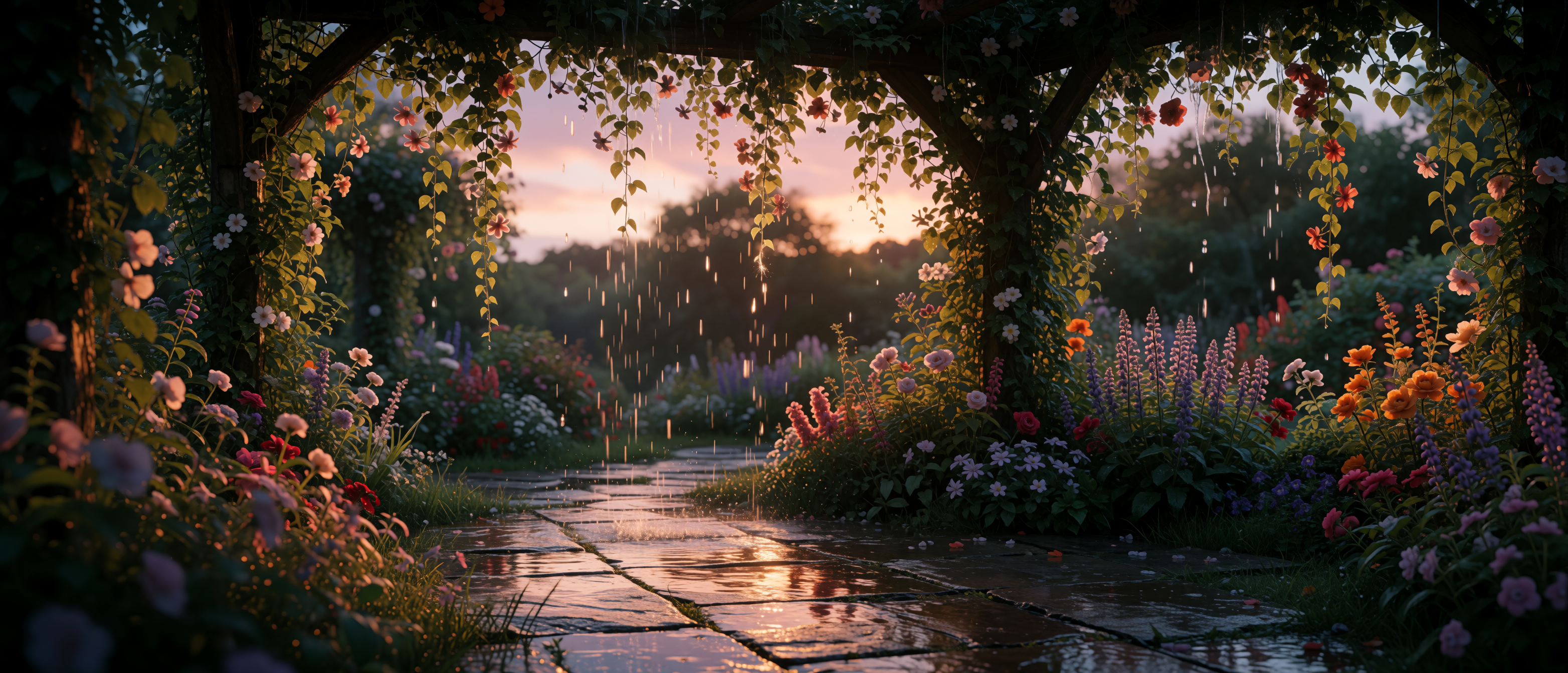 rops-and-light-dusk-garden-shower-hanging-vines-ultrawide