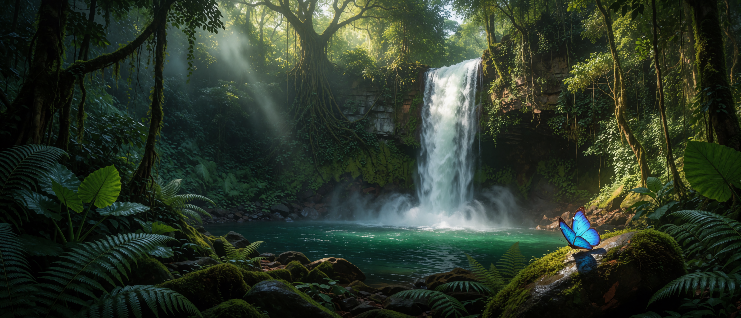 waterfall-amazon-jungle-morpho-butterfly-ultrawide