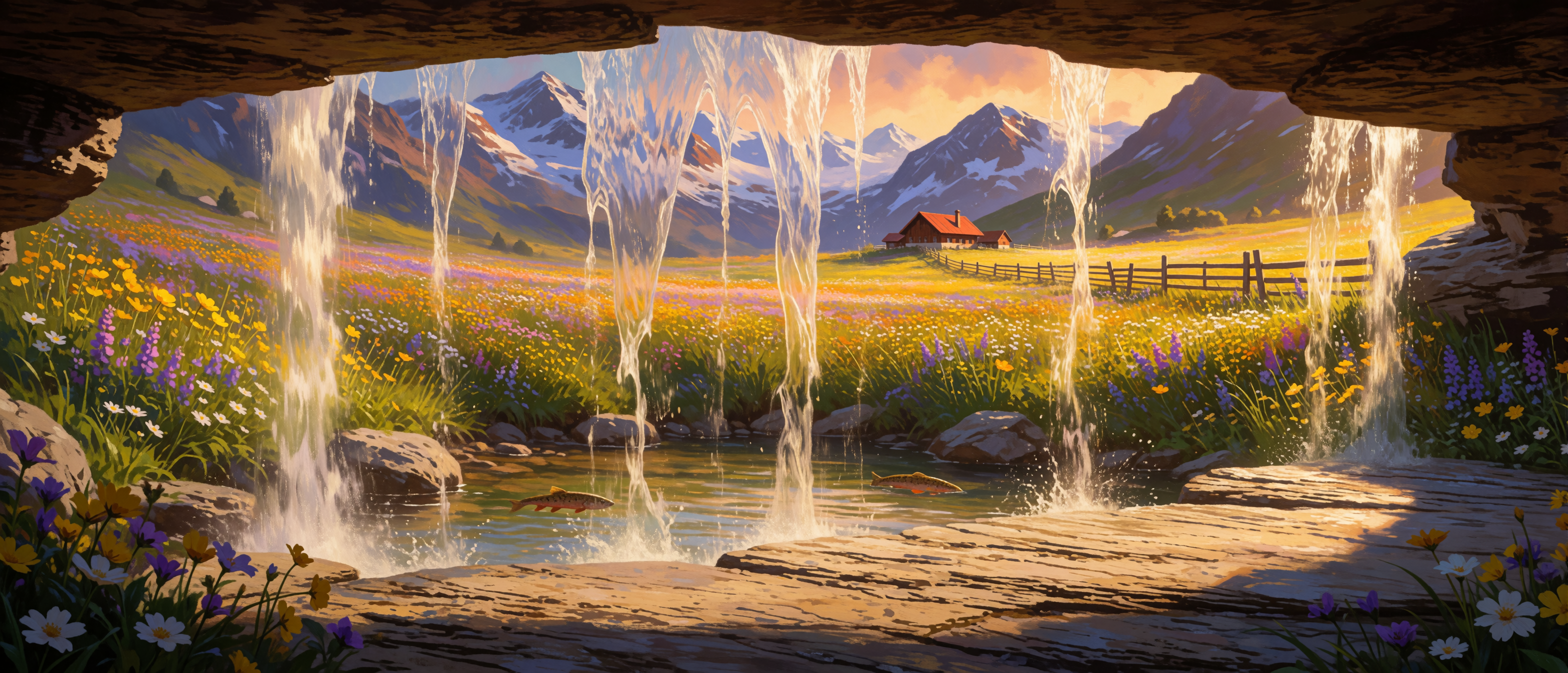 waterfall-behind-falls-alpine-meadow-swiss-farmhouse-ultrawide