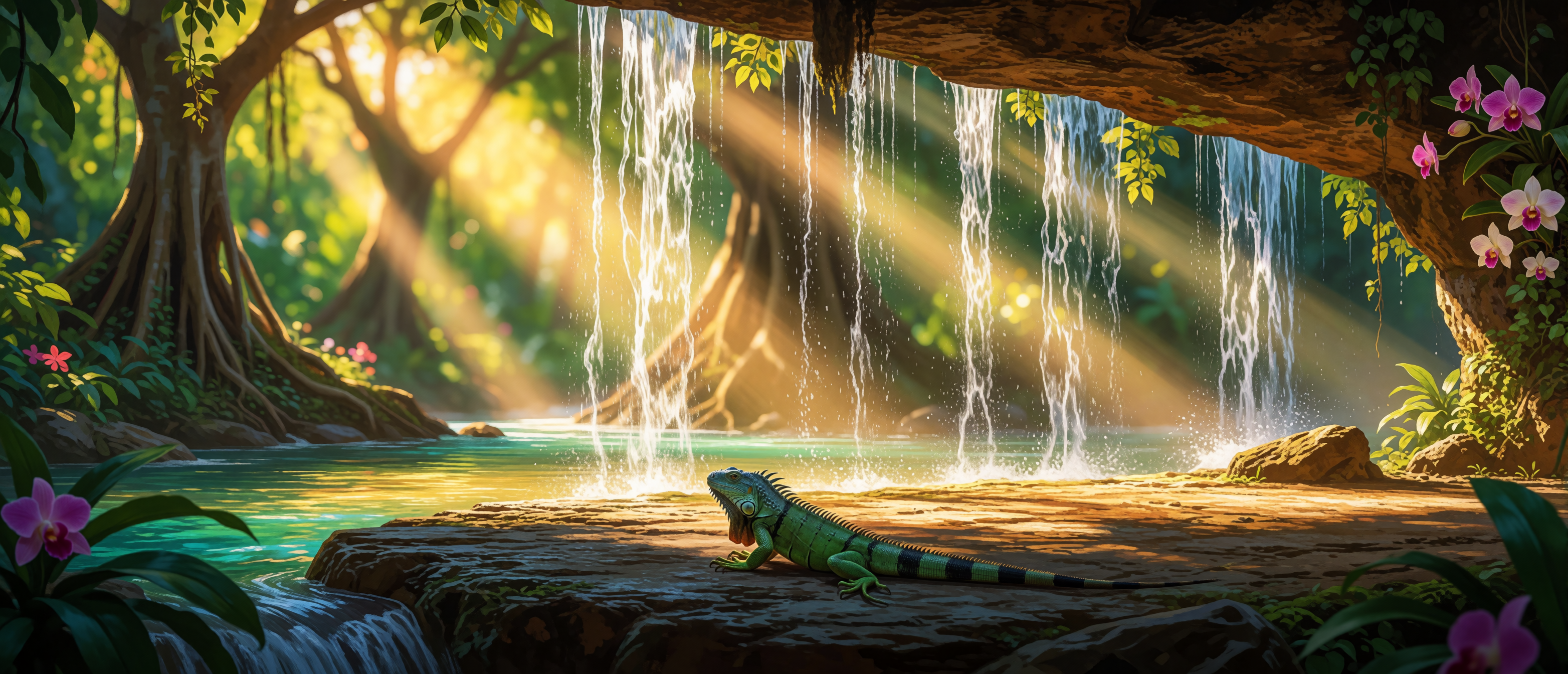 waterfall-behind-falls-tropical-jungle-iguana-ultrawide