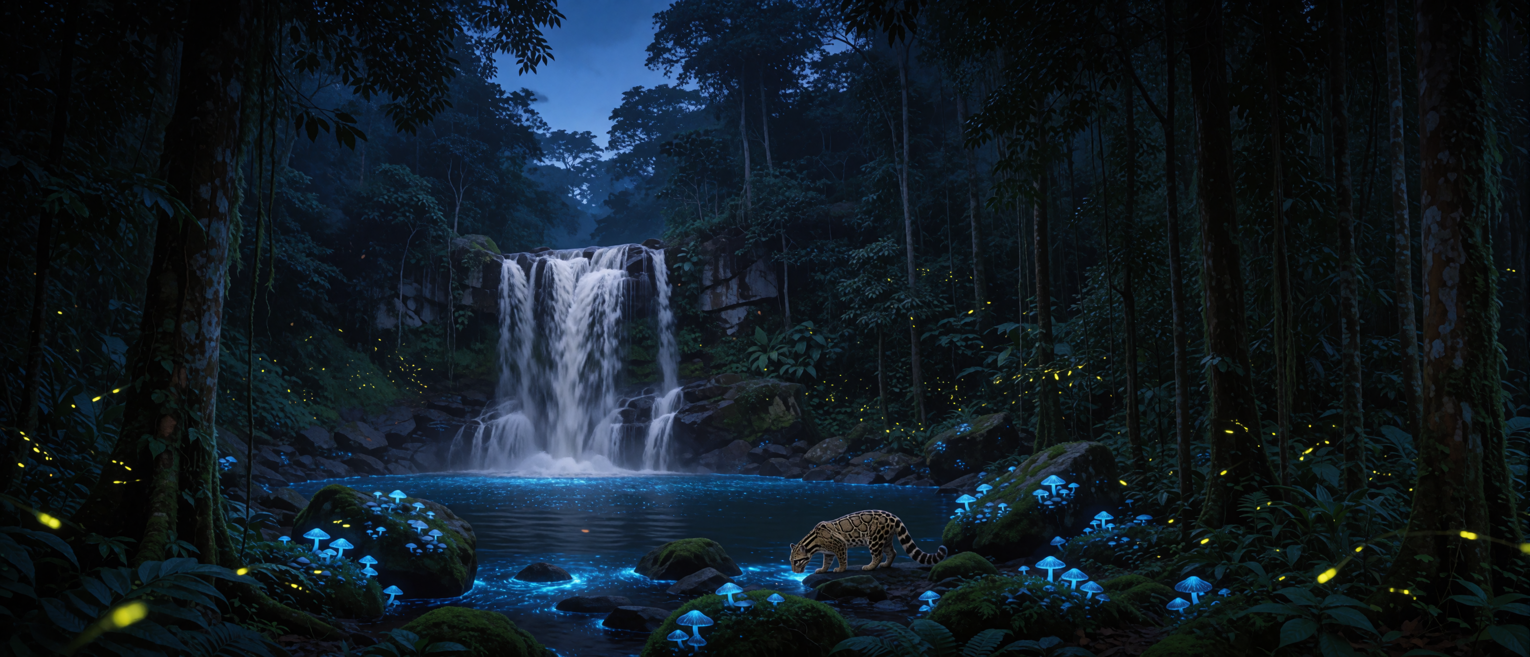 waterfall-borneo-bioluminescent-rainforest-twilight-ultrawide