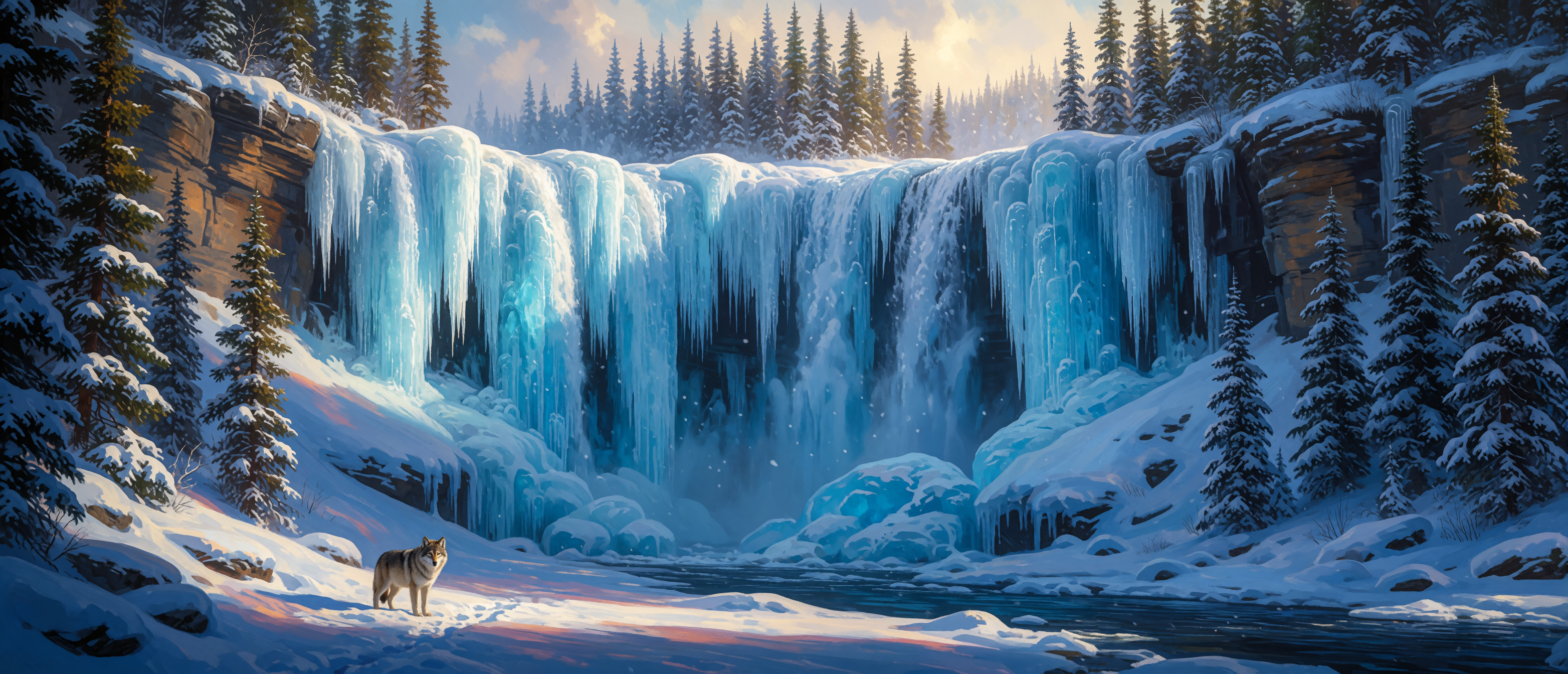 waterfall-canadian-frozen-ice-timber-wolf-ultrawide