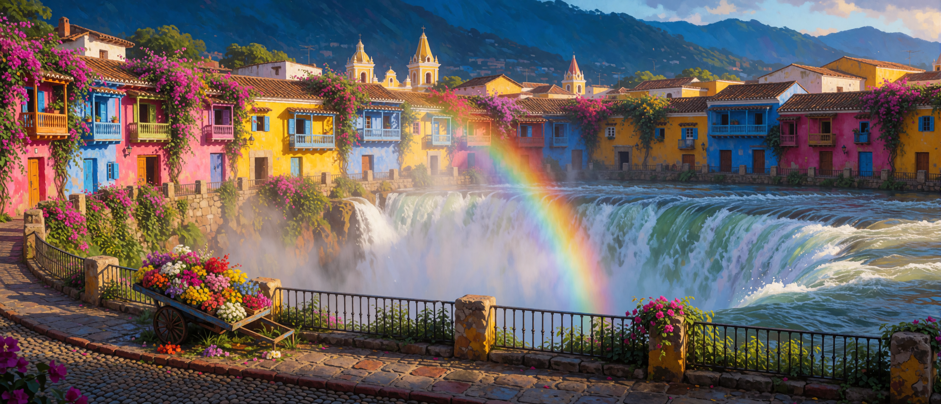 waterfall-colombian-colonial-city-rainbow-bougainvillea-ultrawide