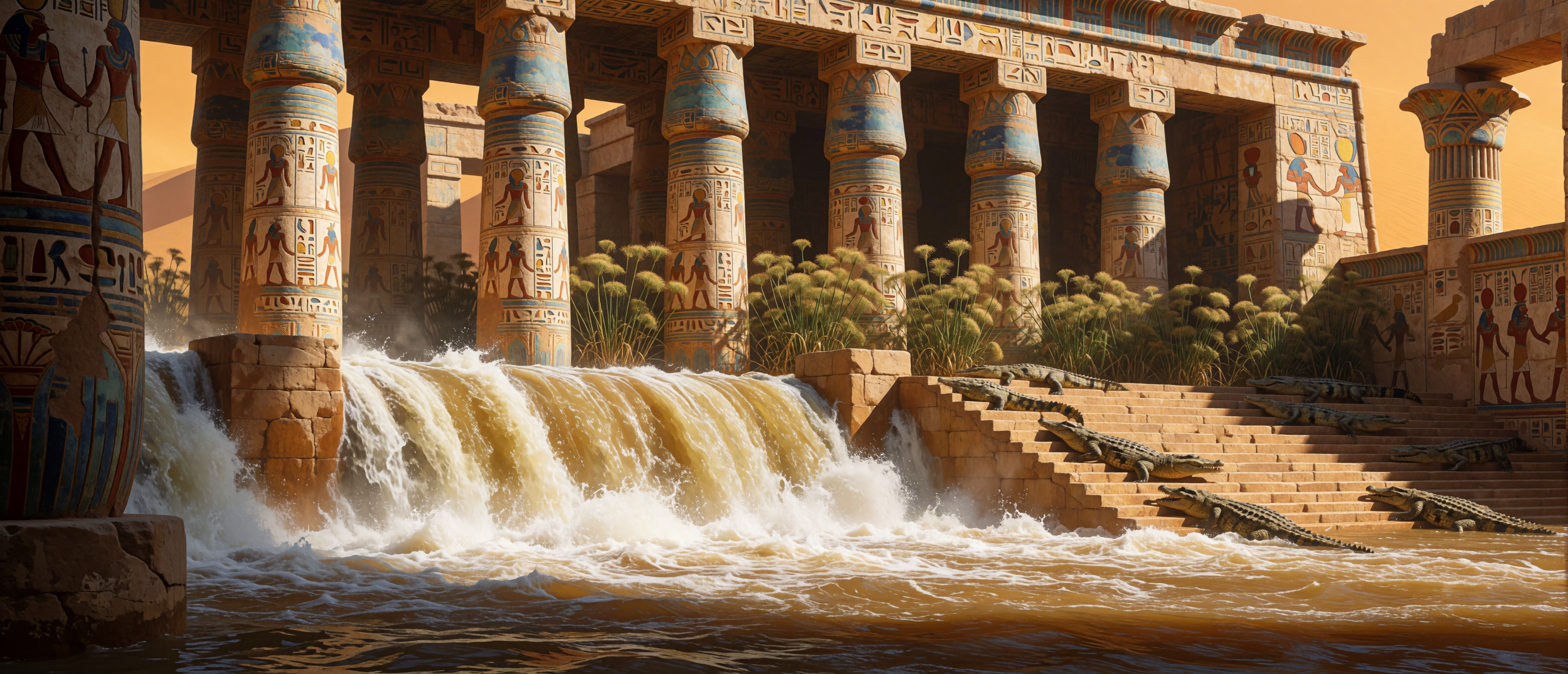 waterfall-egyptian-temple-nile-flooding-columns-ultrawide