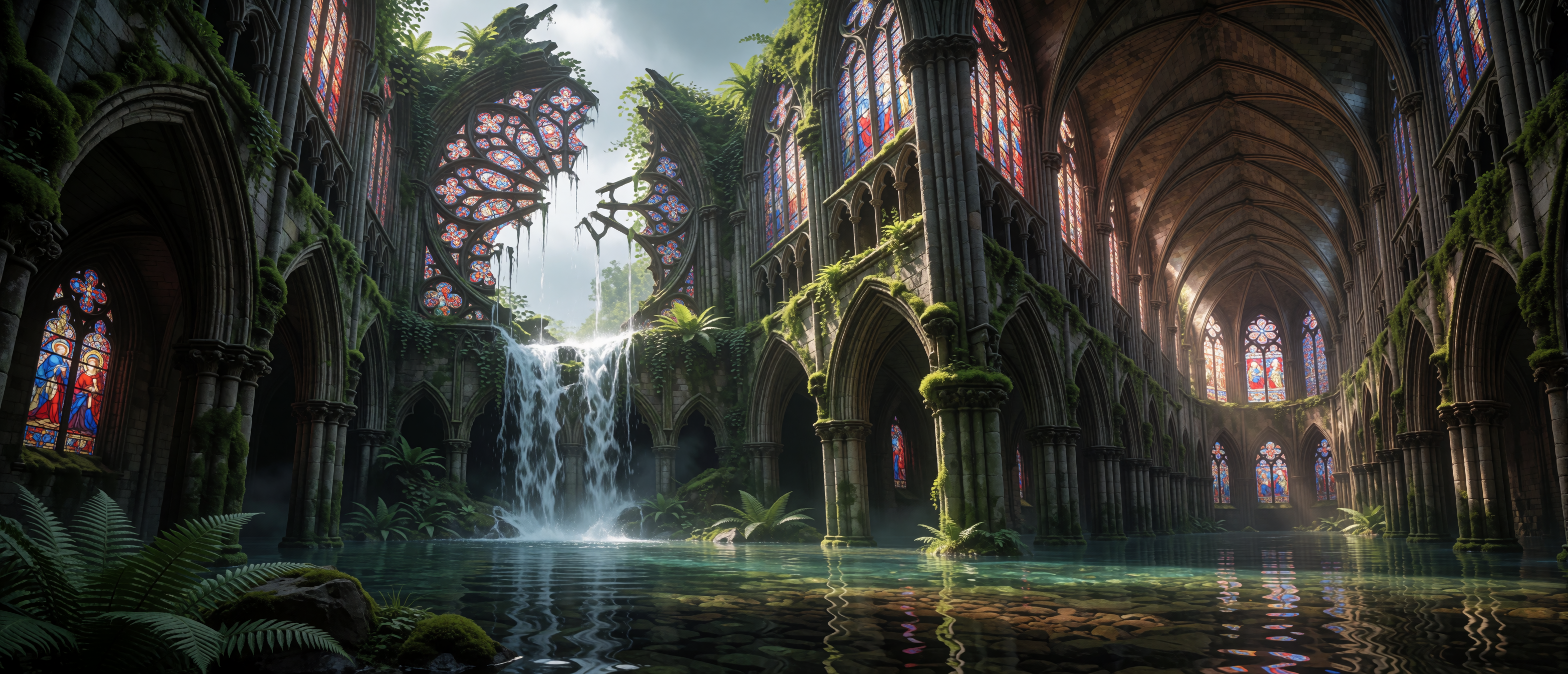 waterfall-gothic-cathedral-rose-window-submerged-ultrawide
