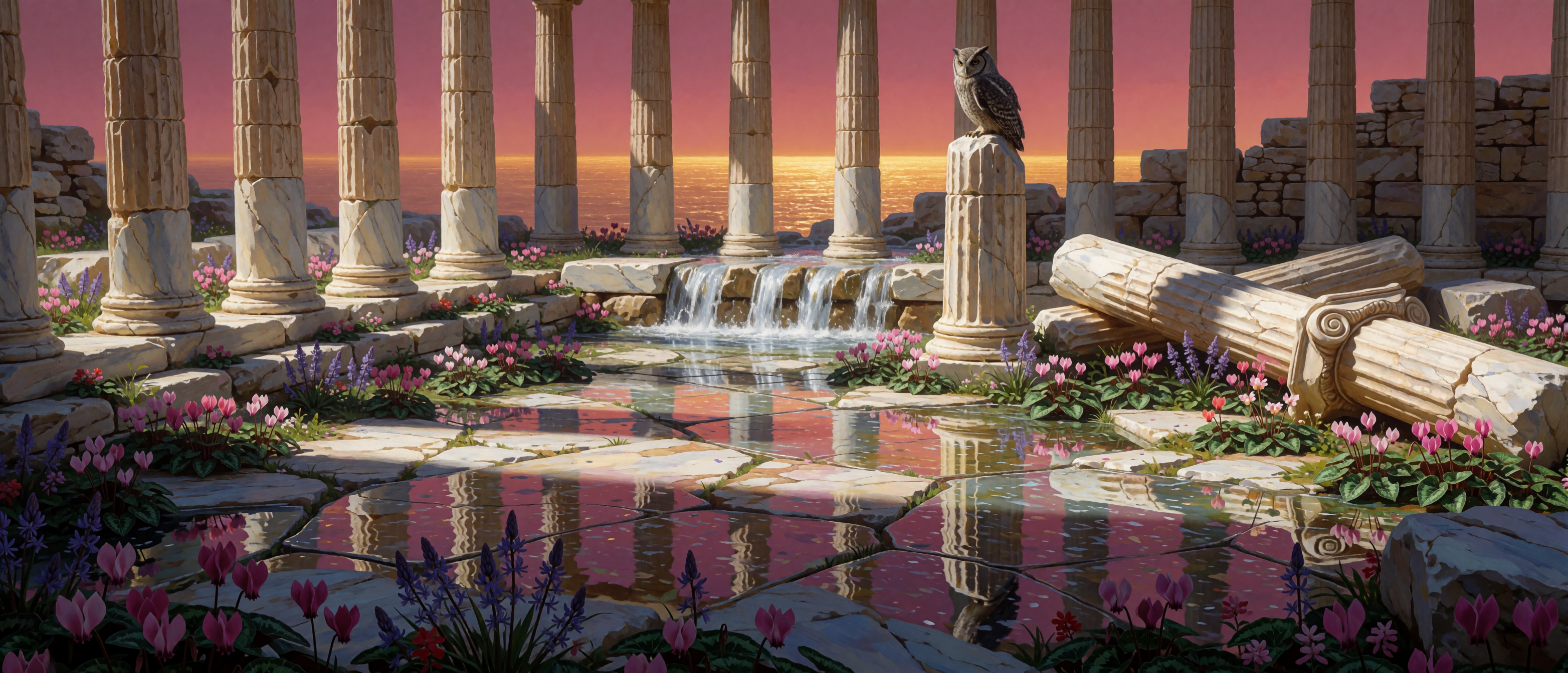 waterfall-greek-temple-colonnade-marble-dusk-ultrawide