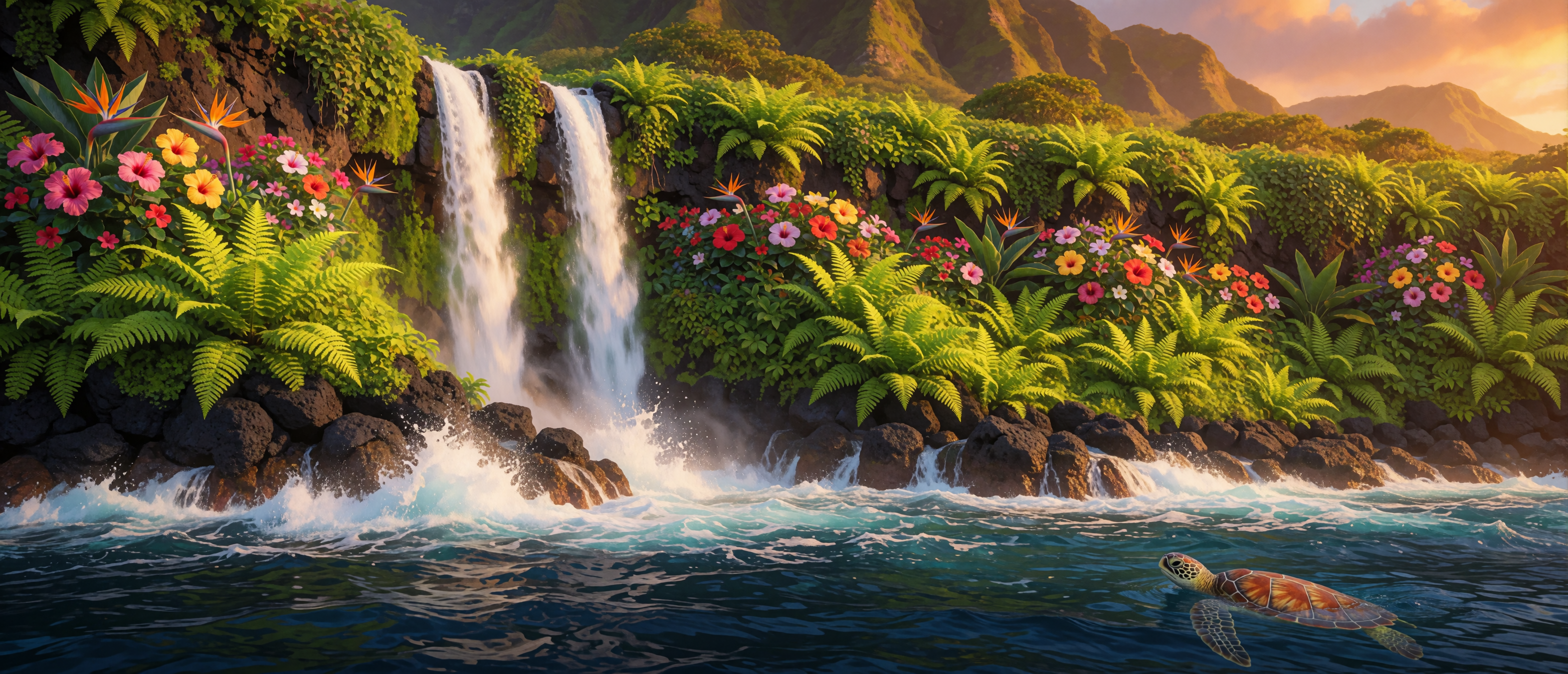 waterfall-hawaii-volcanic-sea-cliff-dual-falls-ultrawide