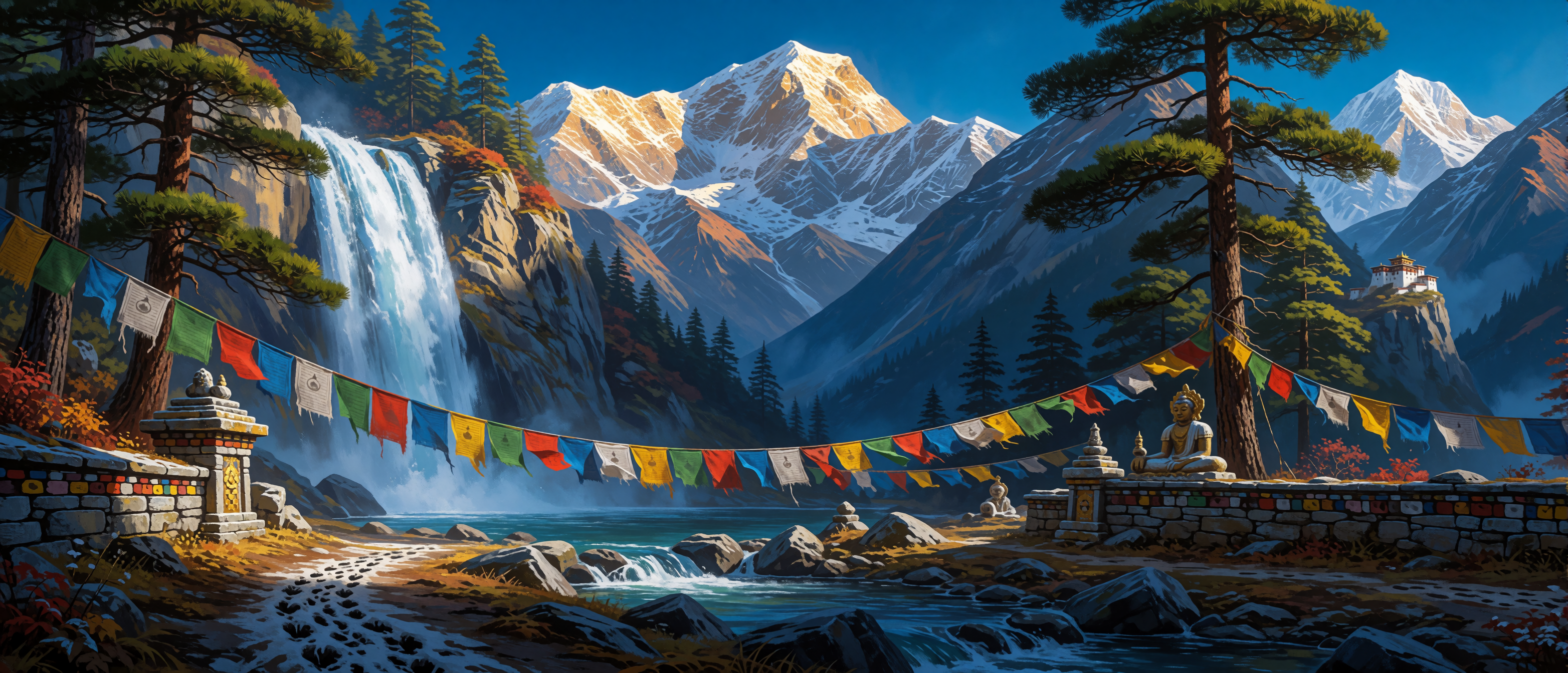 waterfall-himalayan-sacred-valley-prayer-flags-ultrawide