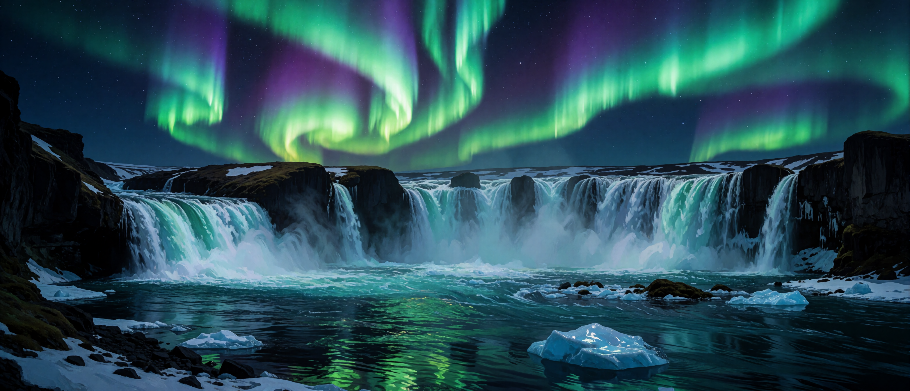 waterfall-iceland-arctic-aurora-borealis-ultrawide