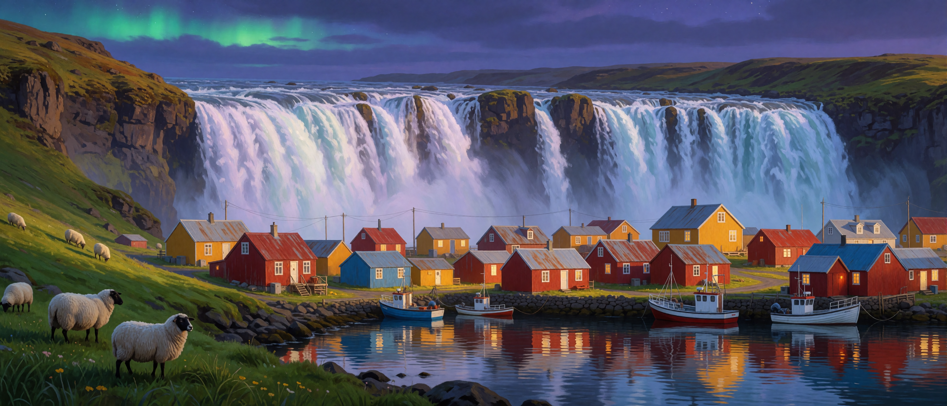 waterfall-icelandic-village-colorful-houses-ultrawide