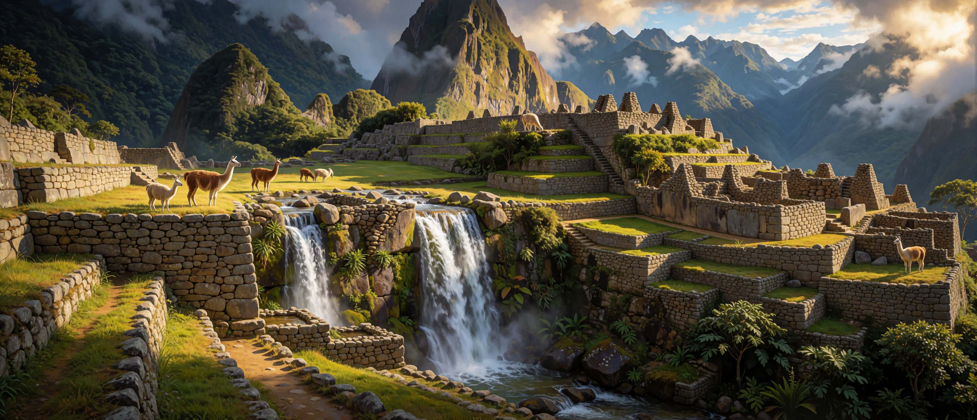waterfall-inca-mountain-citadel-cloud-forest-ultrawide