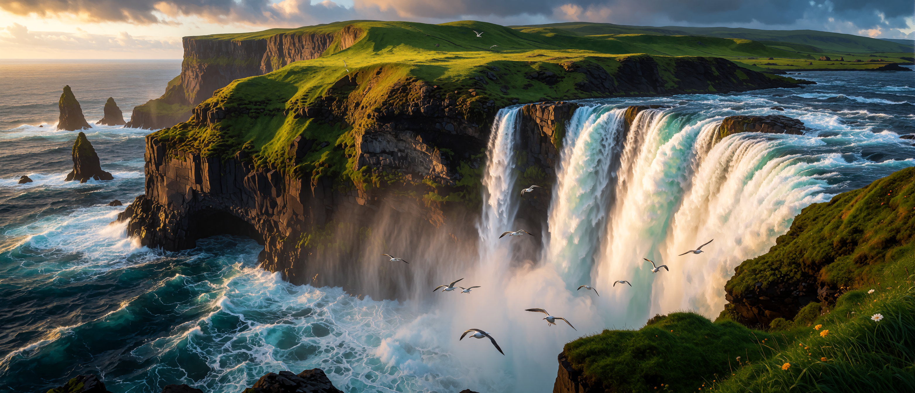 waterfall-irish-atlantic-sea-cliff-sunset-ultrawide