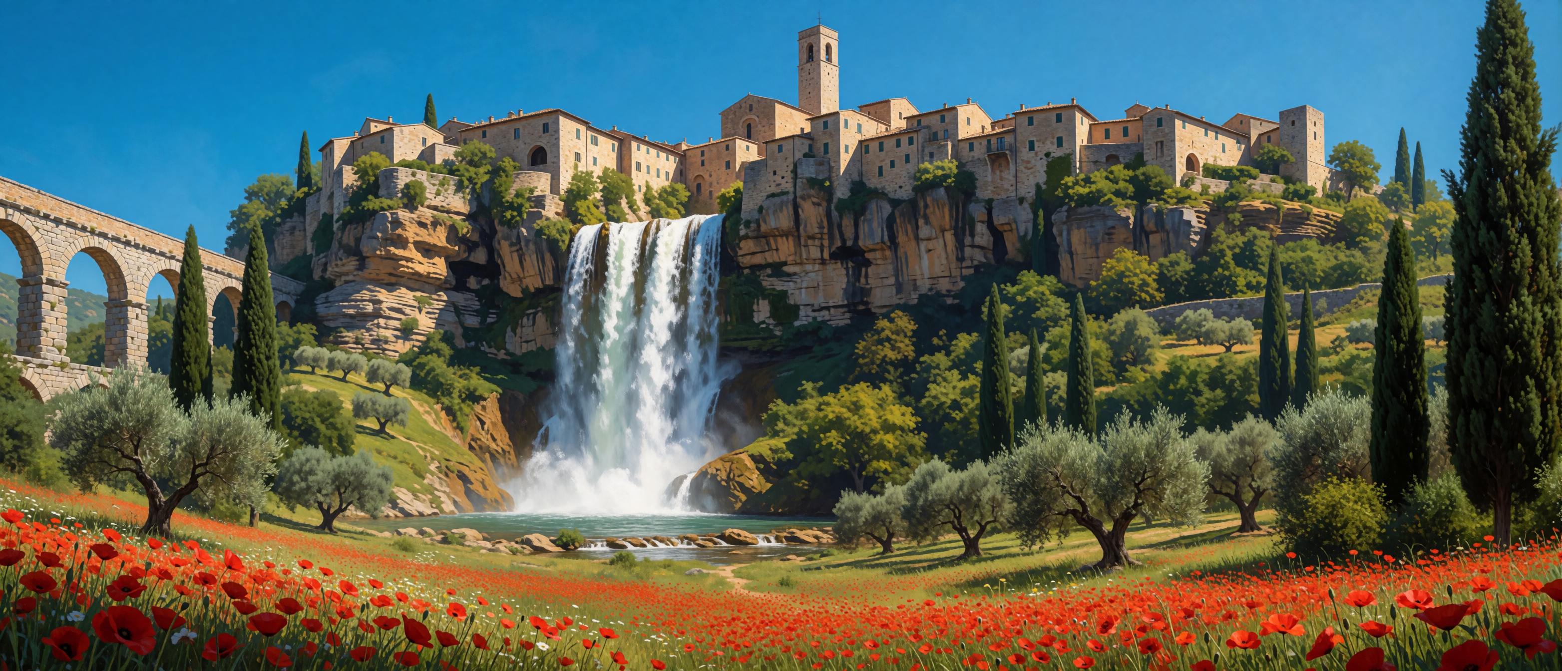 waterfall-italian-hilltown-umbria-aqueduct-ultrawide