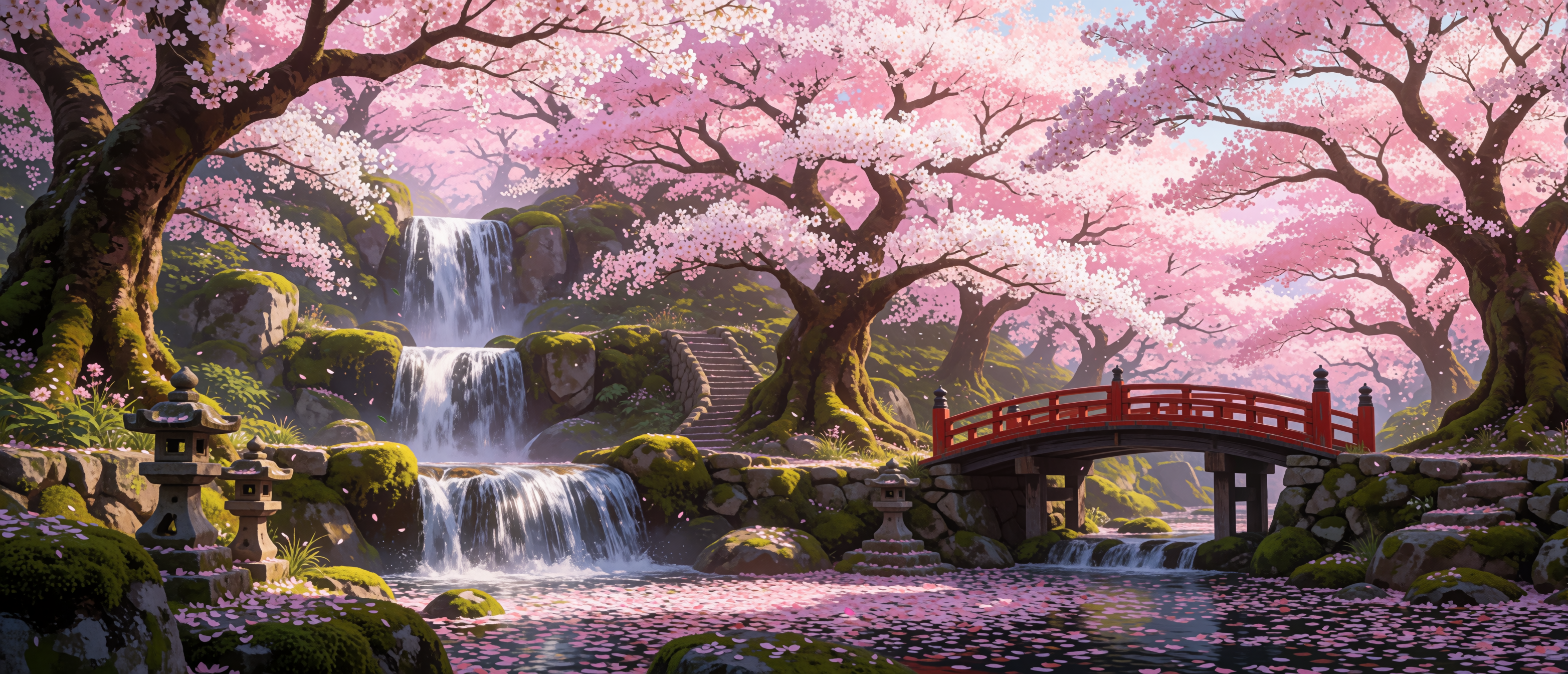 waterfall-japanese-cherry-blossom-three-tier-red-bridge-ultrawide