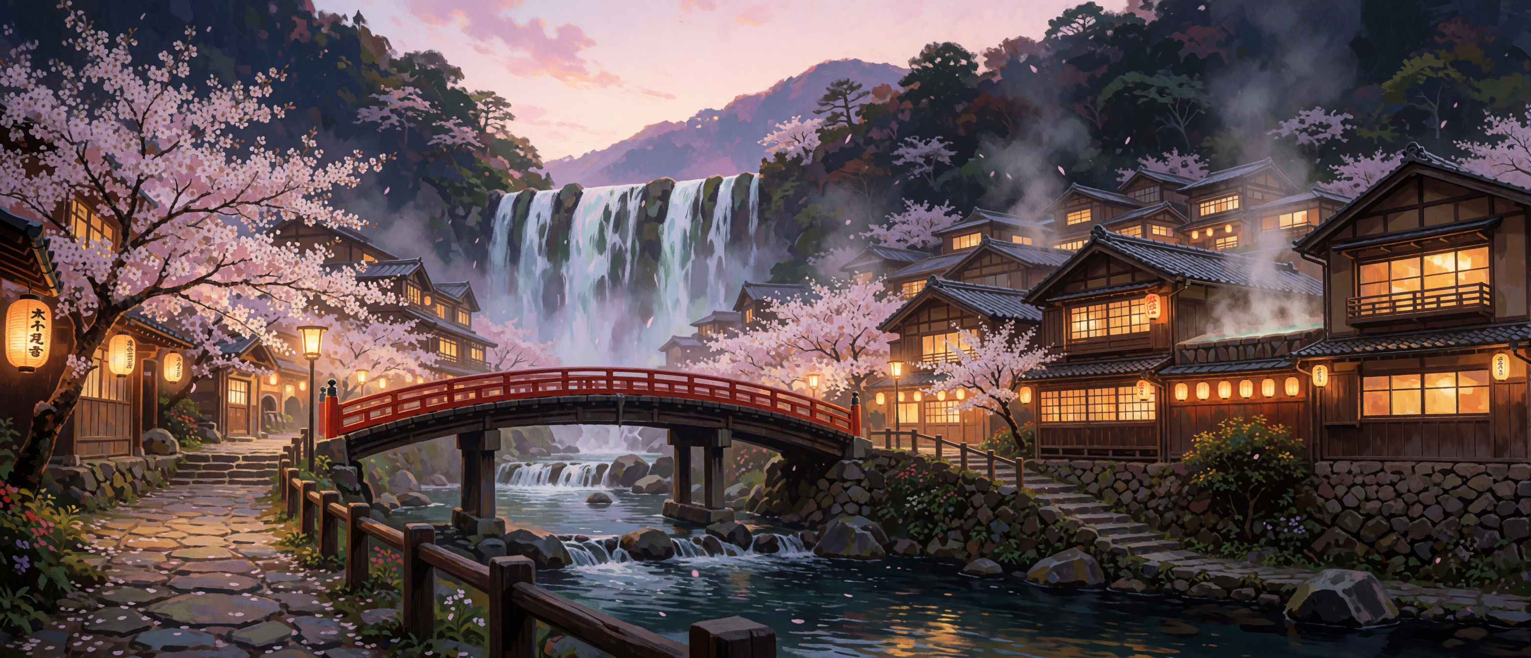waterfall-japanese-onsen-town-cherry-blossom-ultrawide