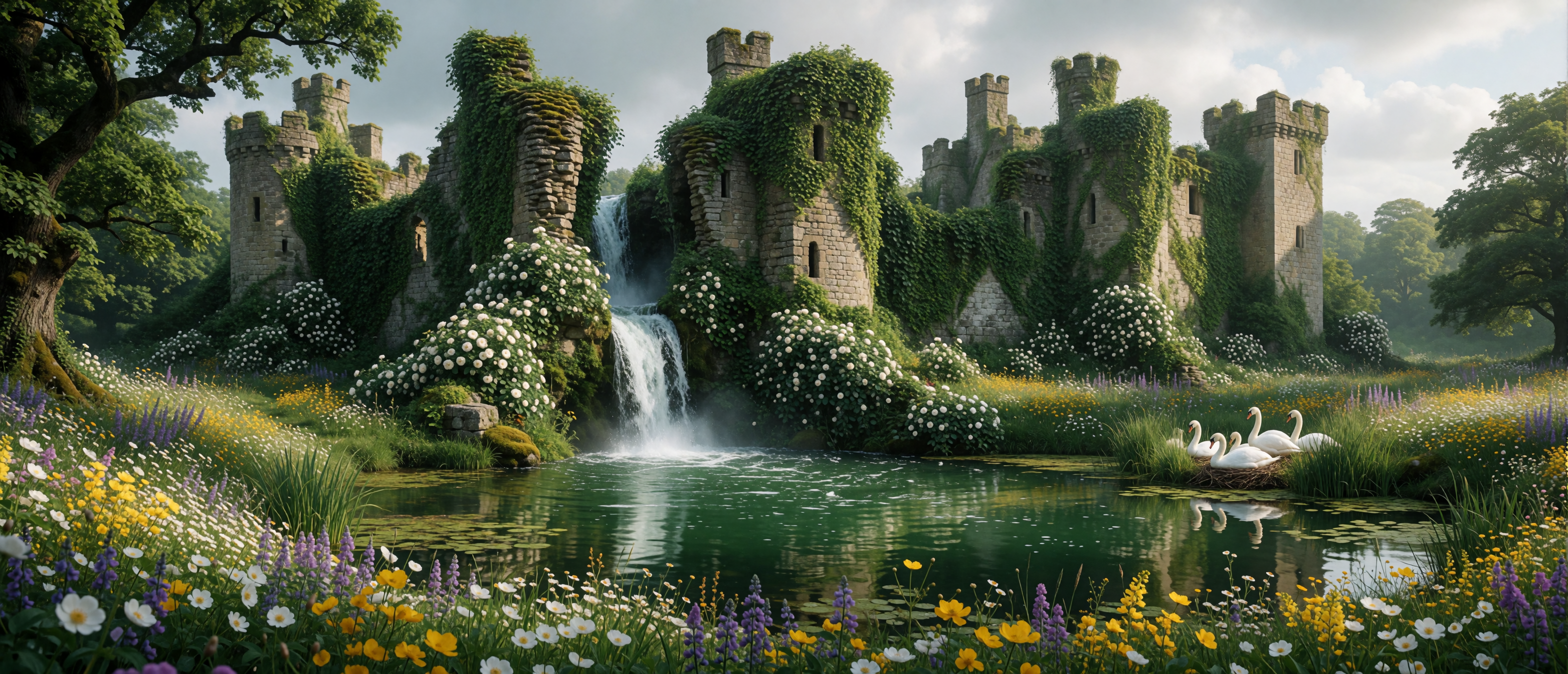 waterfall-medieval-castle-moat-overgrown-roses-ultrawide