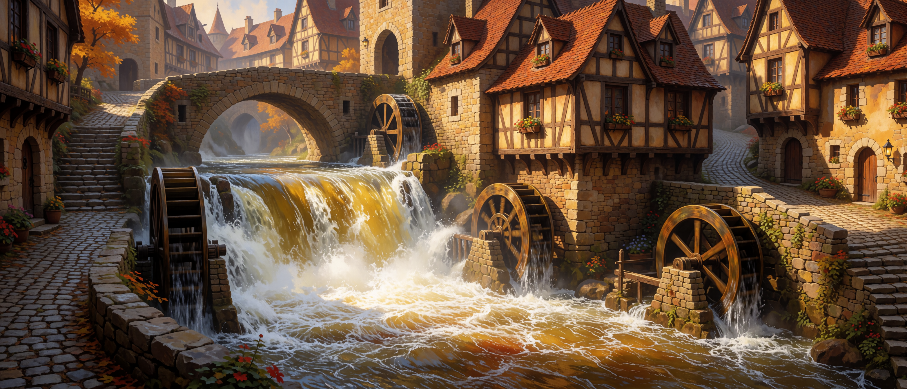 waterfall-medieval-mill-town-stone-bridge-ultrawide