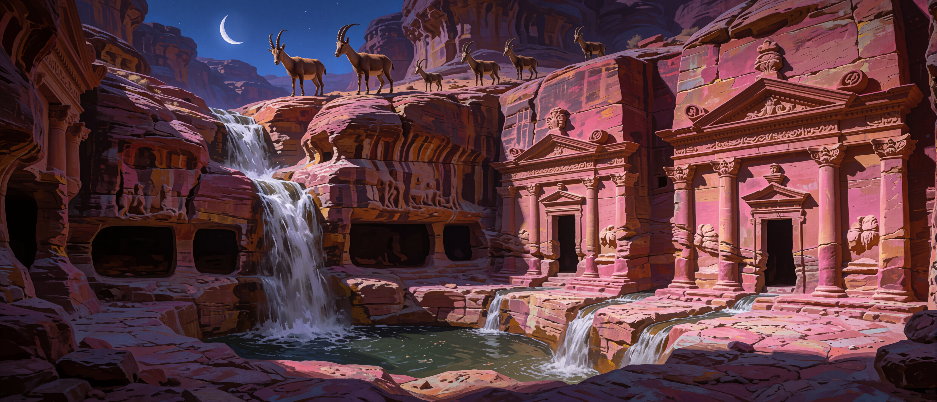 waterfall-nabataean-rock-cut-city-petra-style-ultrawide