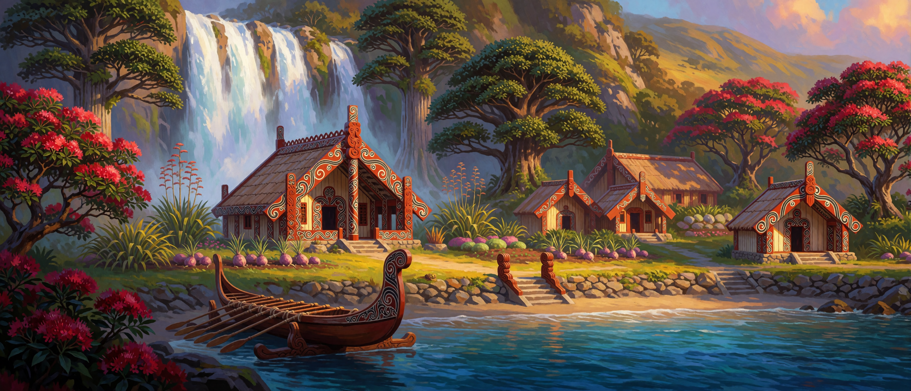 waterfall-new-zealand-maori-village-coastal-ultrawide