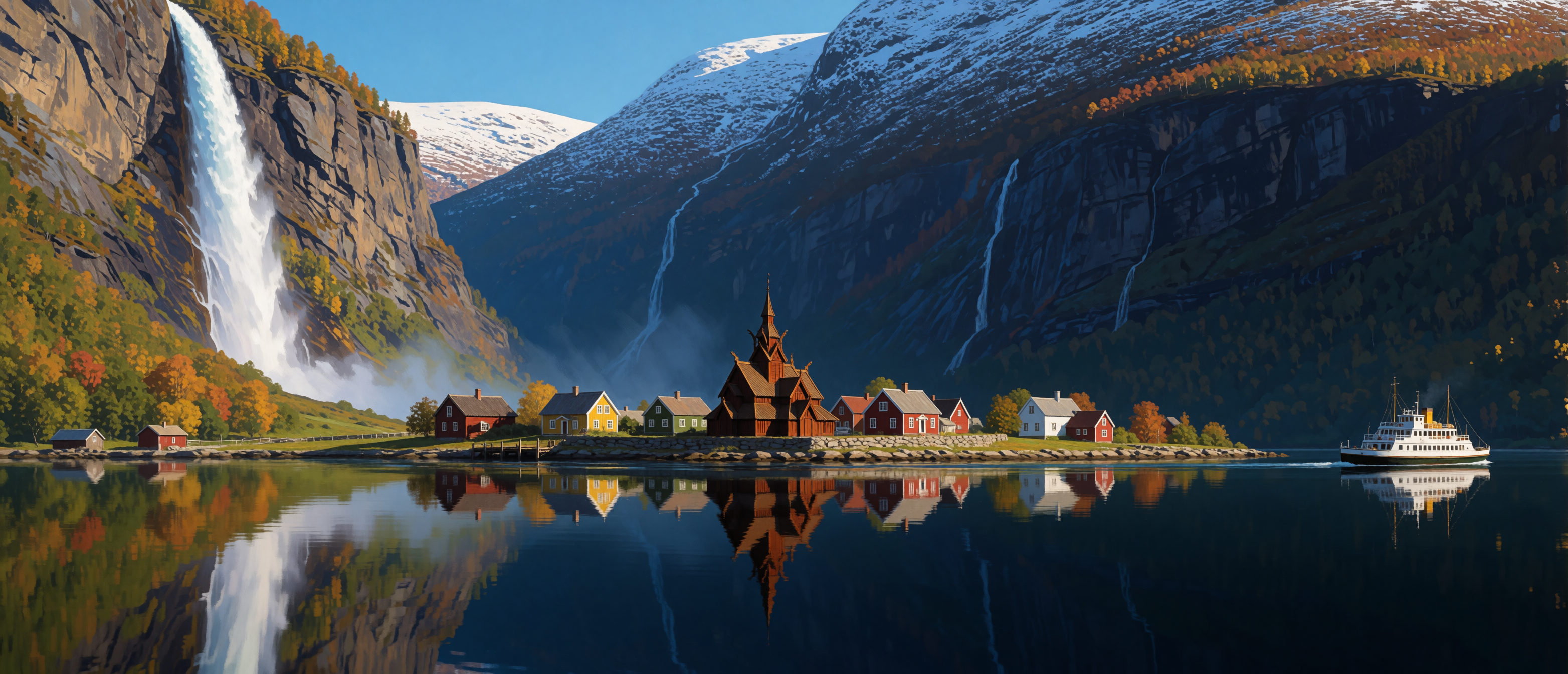 waterfall-norwegian-fjord-town-stave-church-ultrawide