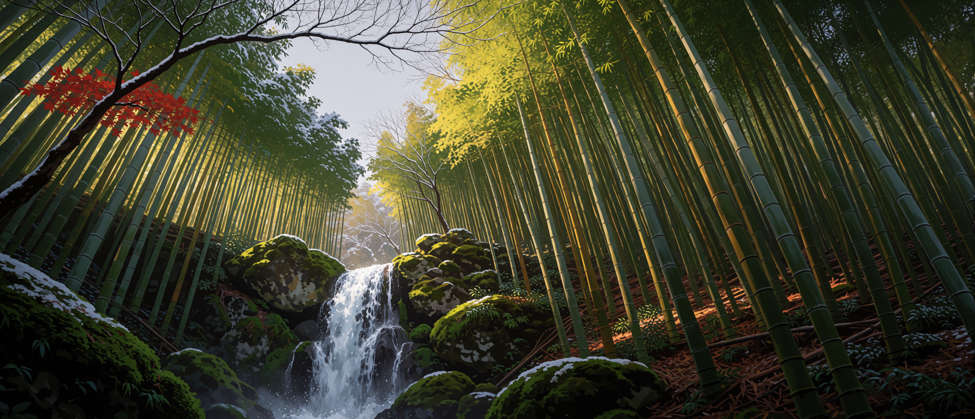 waterfall-perspective-bamboo-forest-japan-winter-ultrawide