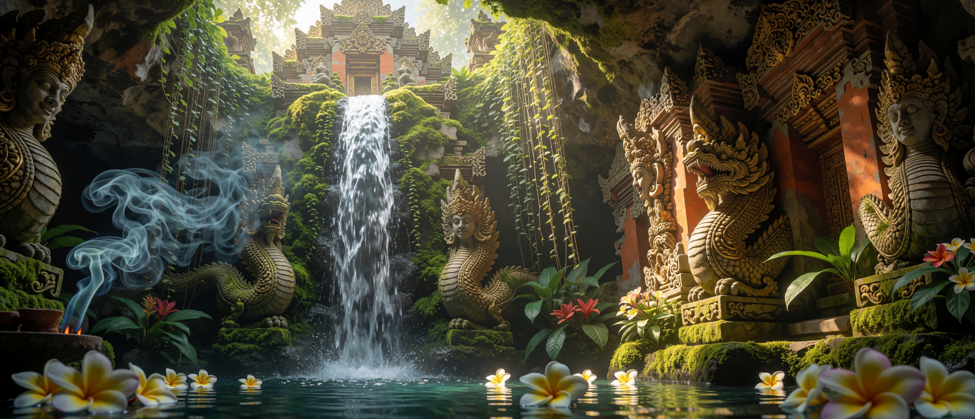 waterfall-perspective-sacred-temple-grotto-bali-ultrawide