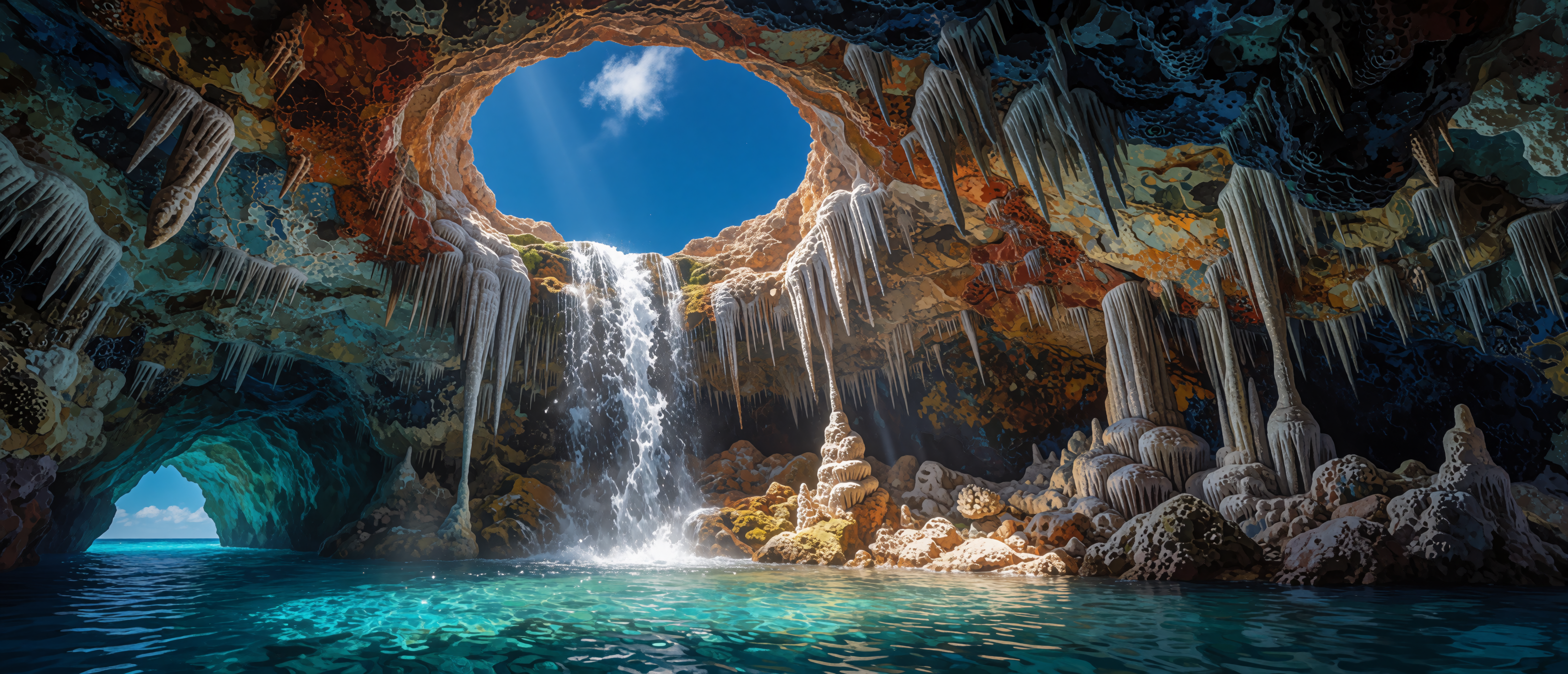 waterfall-perspective-sea-cave-mediterranean-turquoise-ultrawide