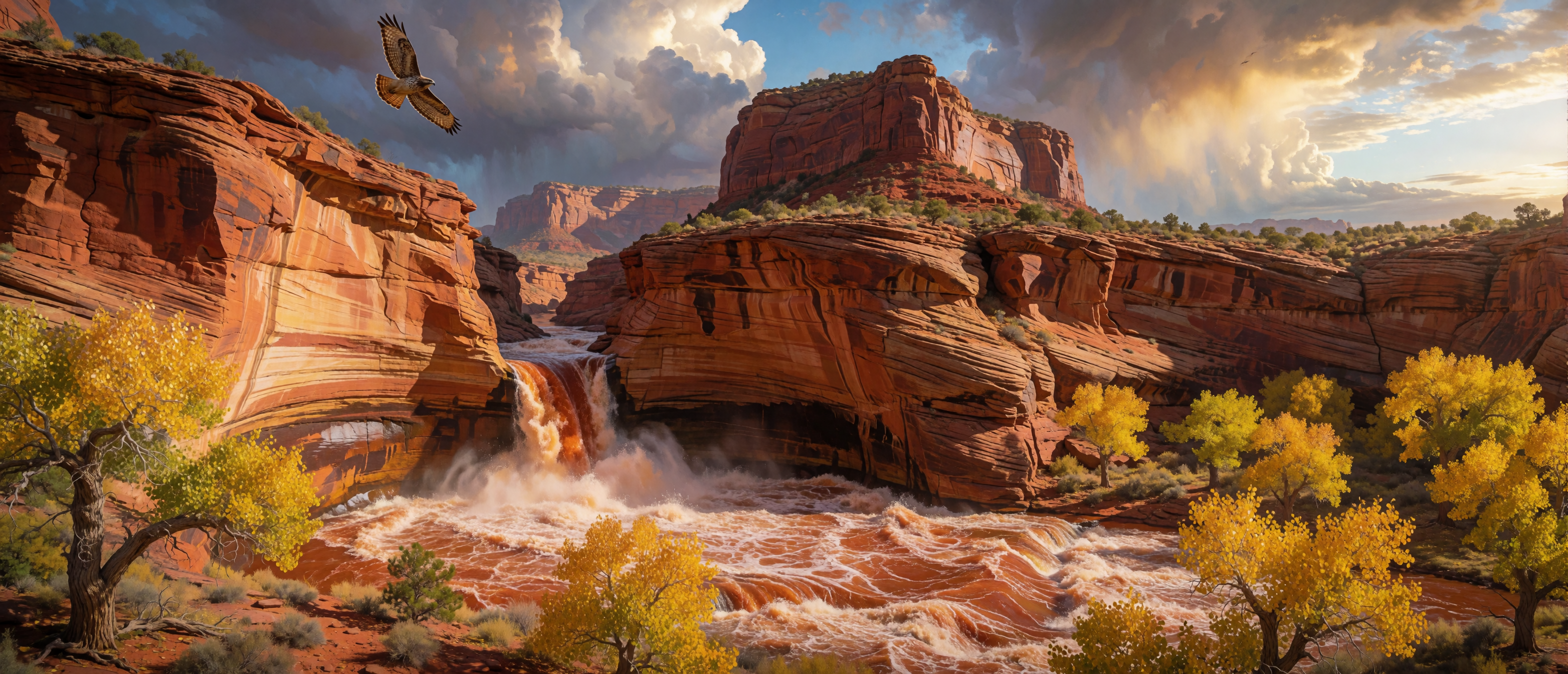 waterfall-red-rock-canyon-slot-canyon-desert-ultrawide
