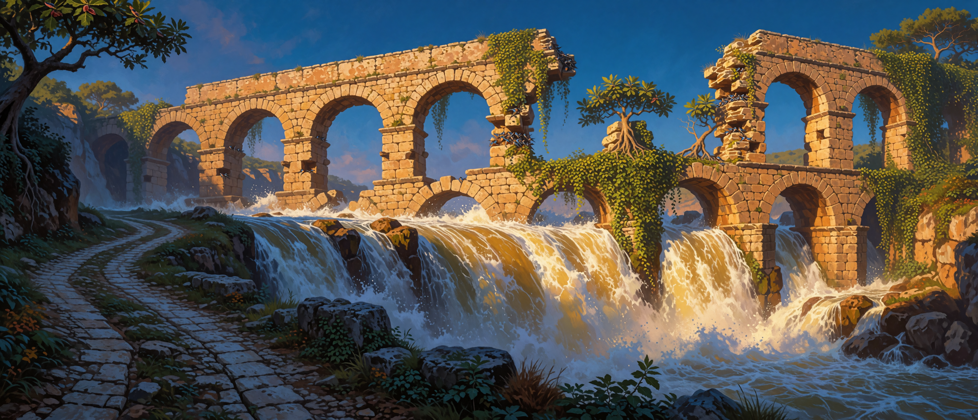 waterfall-roman-aqueduct-ruins-mediterranean-ultrawide