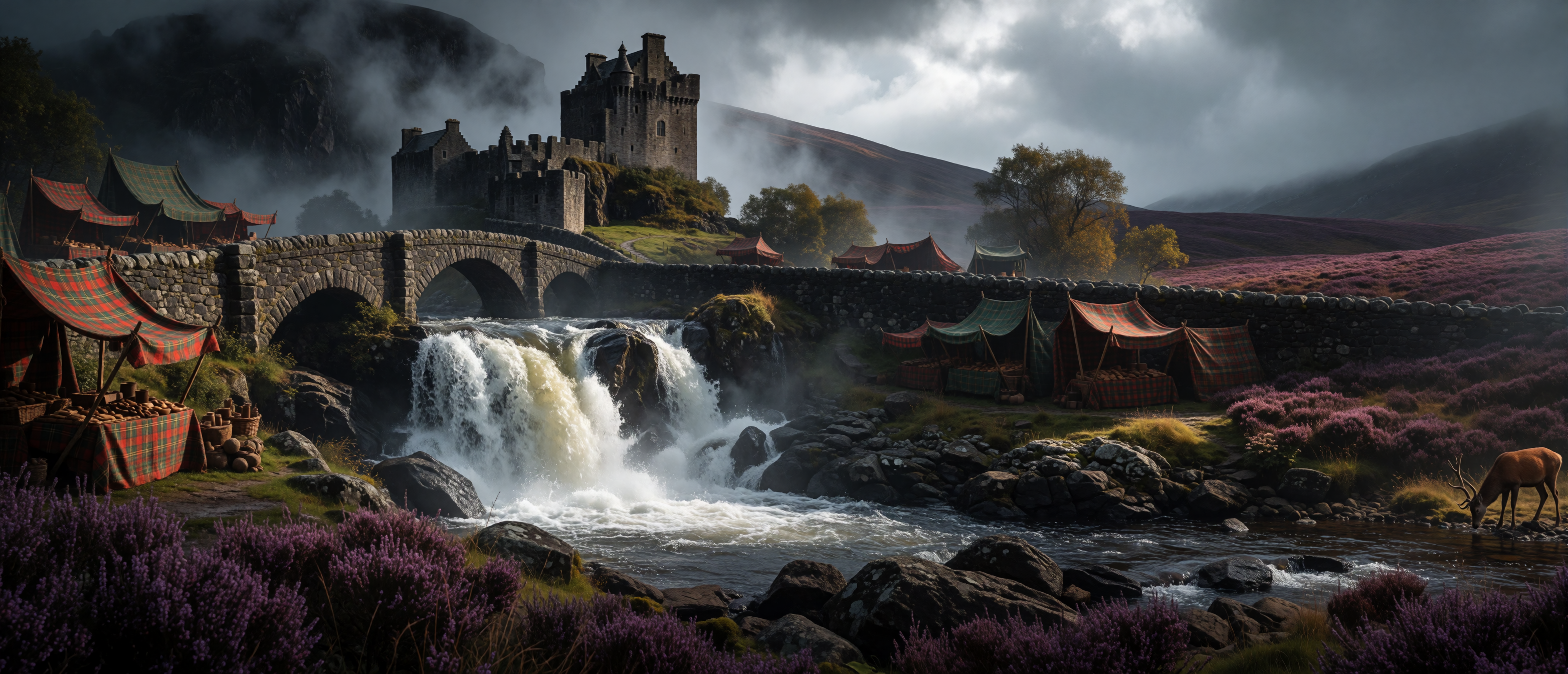 waterfall-scottish-highland-castle-tartan-market-heather-ultrawide