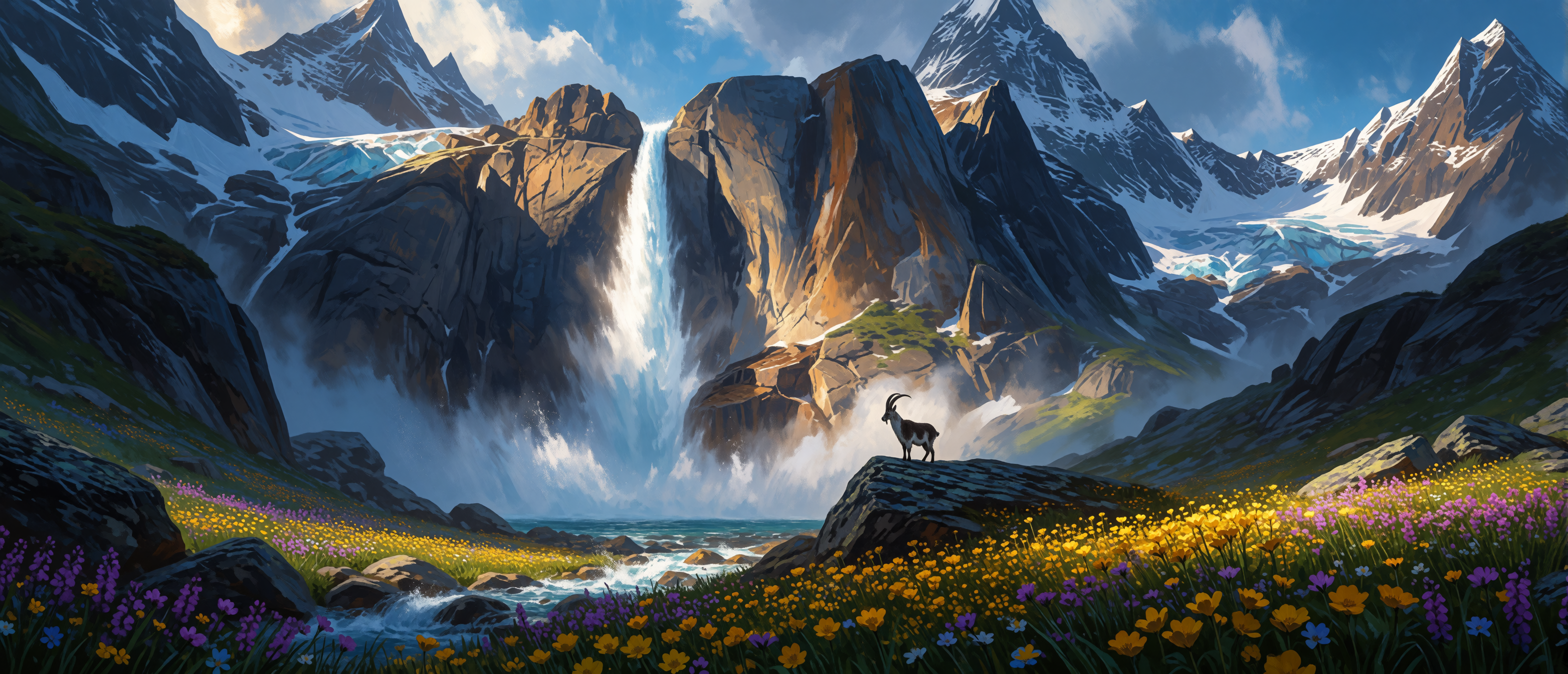 waterfall-swiss-alps-glacier-wildflower-meadow-ultrawide