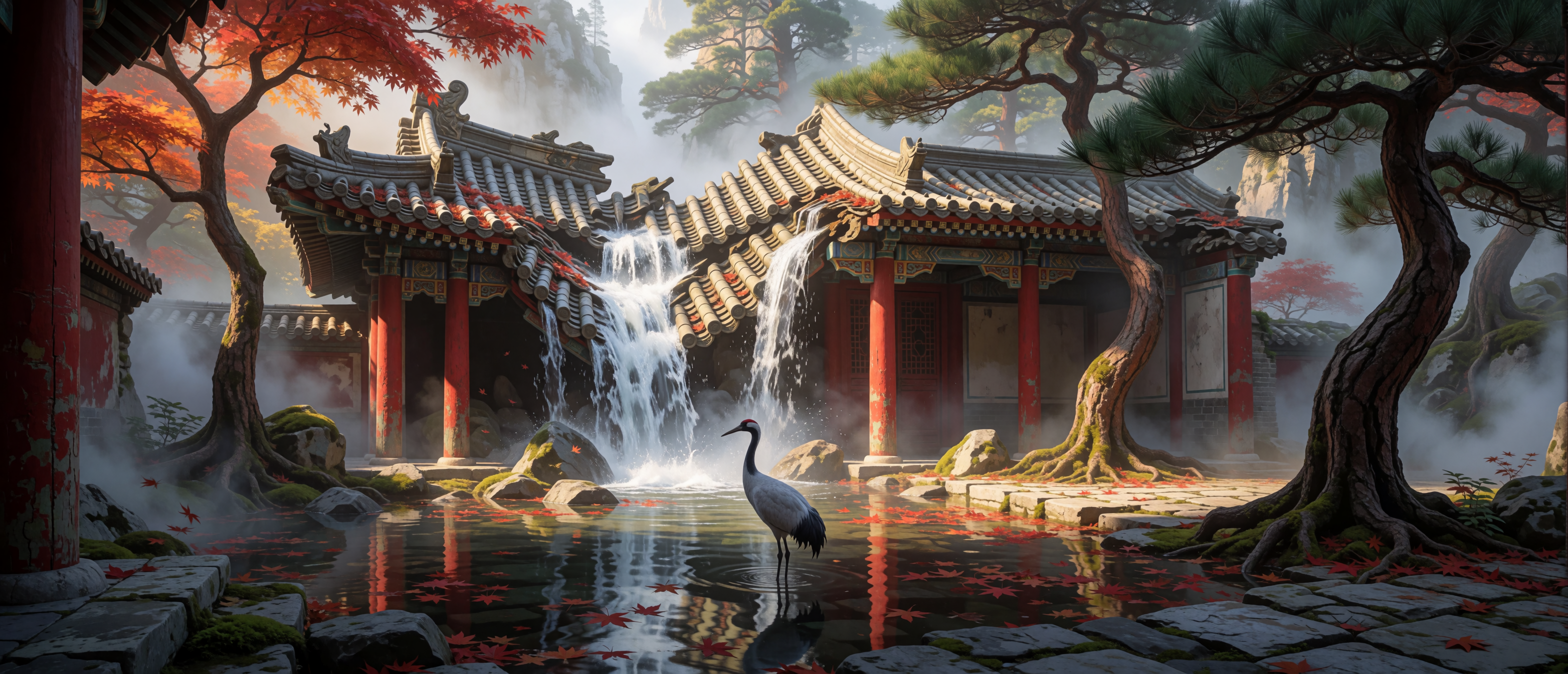 waterfall-tang-dynasty-pavilion-autumn-crane-maple-ultrawide