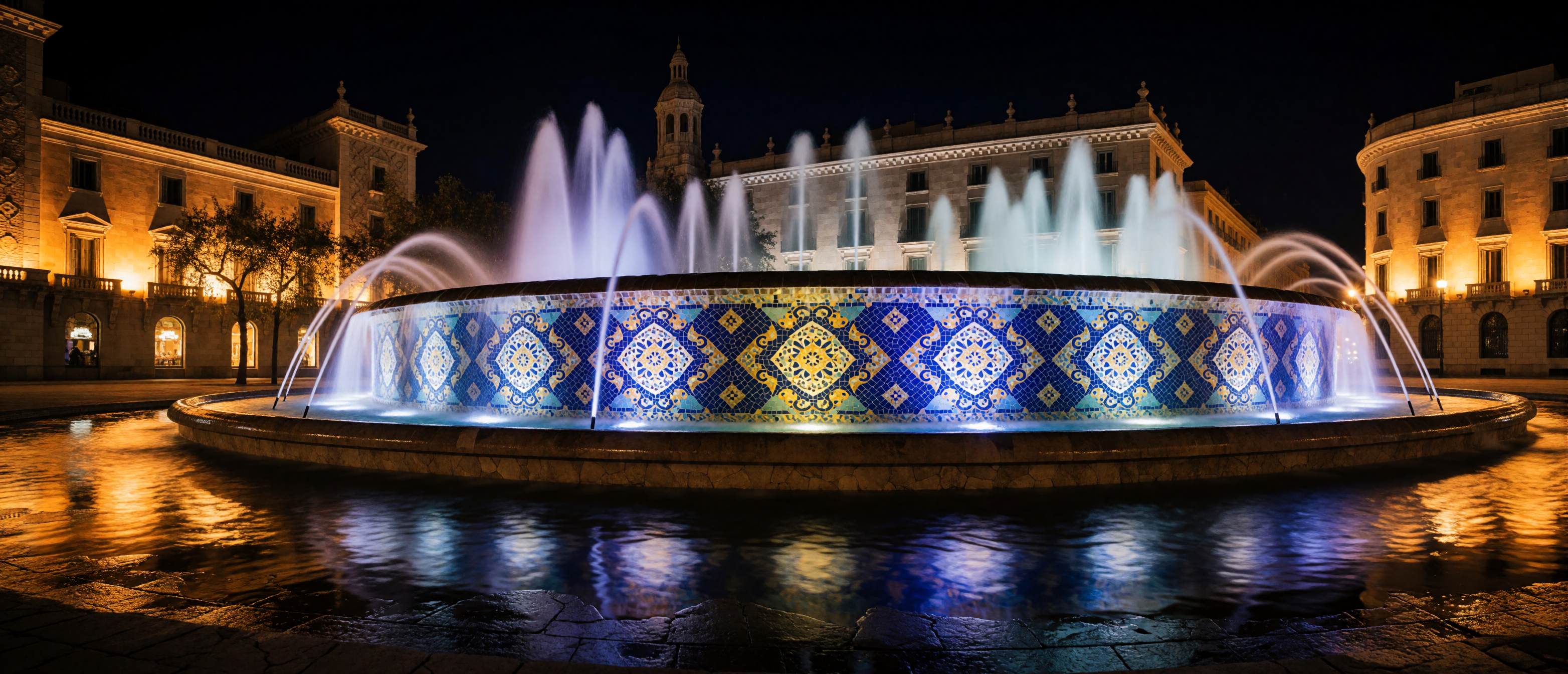 barcelona-modernist-fountain-night-mosaic-cobalt-gold-ultrawide