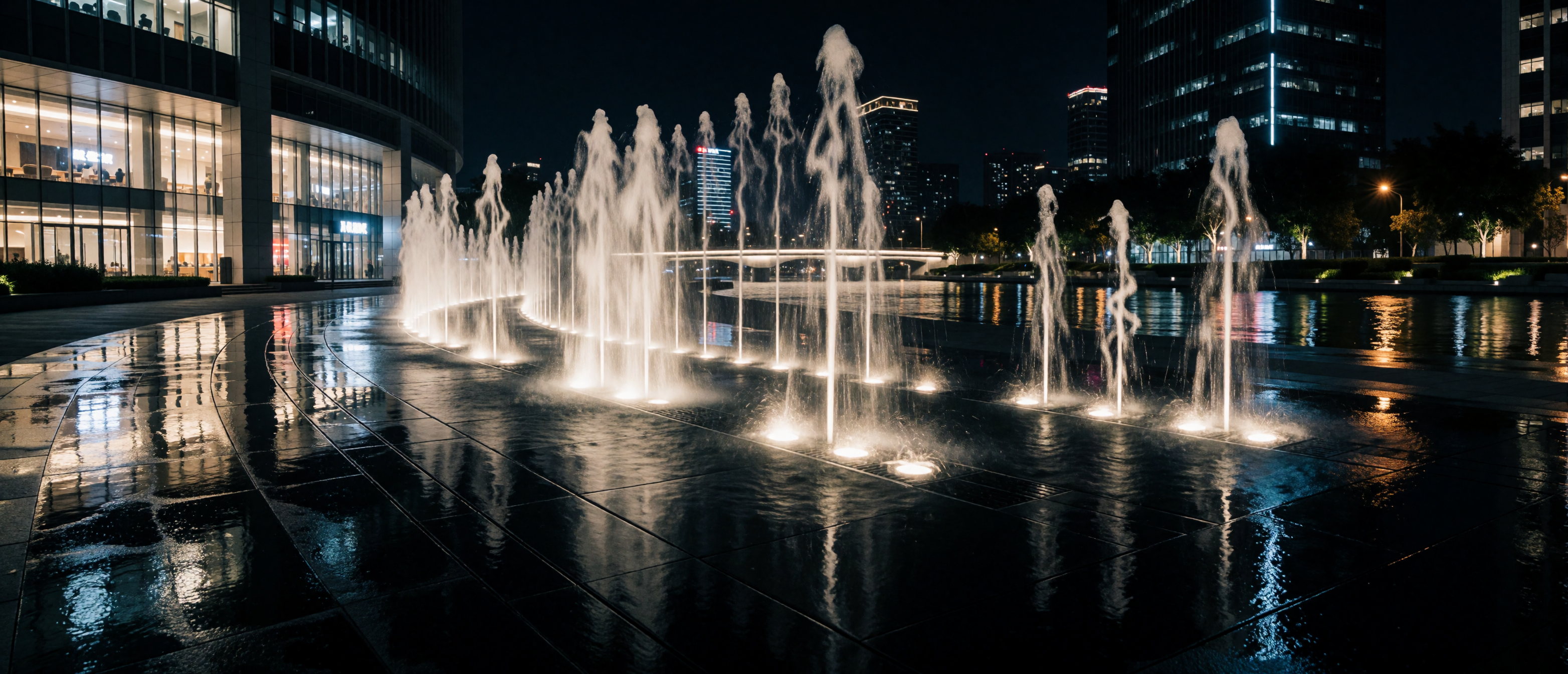 chicago-riverwalk-modern-fountain-night-geometric-ultrawide