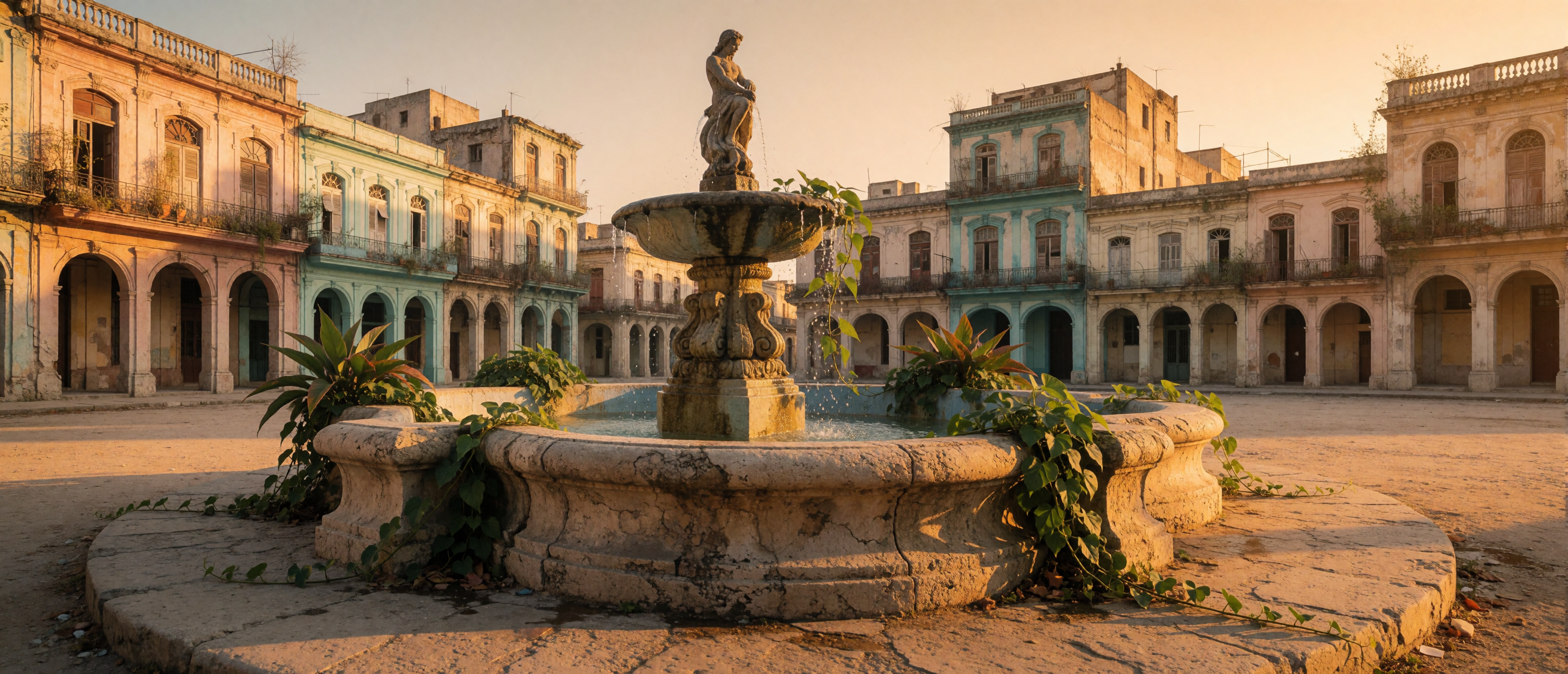 havana-colonial-fountain-plaza-golden-hour-ultrawide