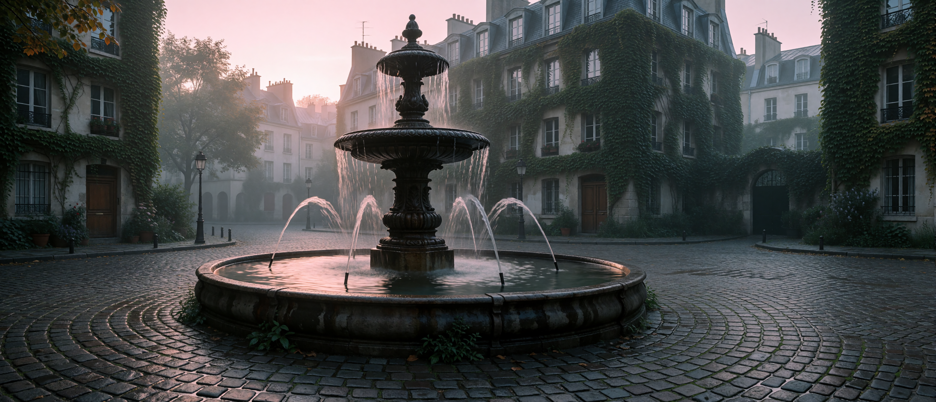 parisian-cast-iron-fountain-square-dawn-cobblestone-ultrawide