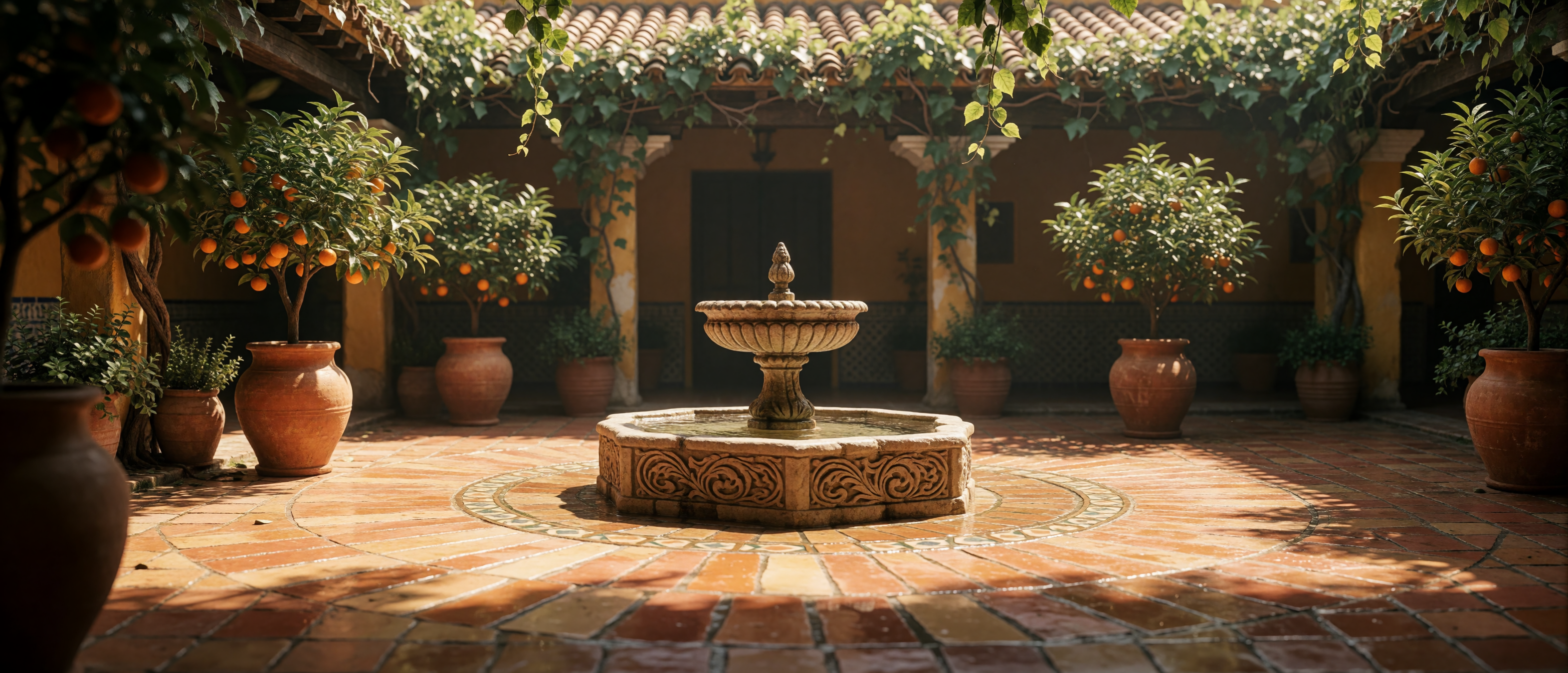 seville-andalusian-courtyard-fountain-morning-terracotta-ultrawide